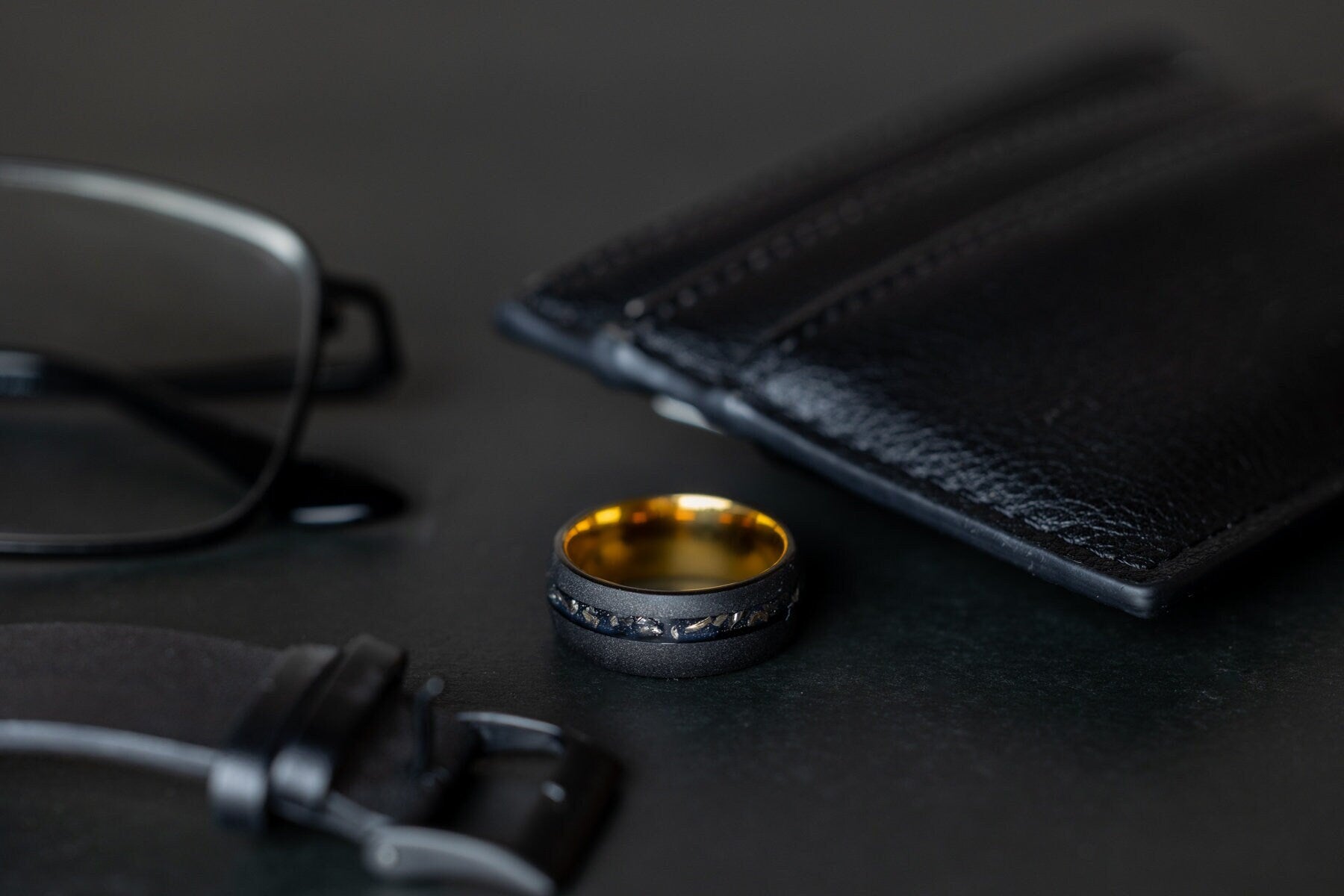 Cosmic Dust - Meteorite Ring Black, Sandblasted Brushed Meteorite Band, 8mm