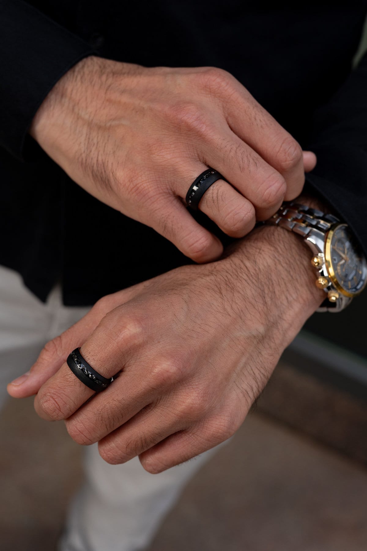 Cosmic Dust - Meteorite Ring Black, Sandblasted Brushed Meteorite Band, 8mm