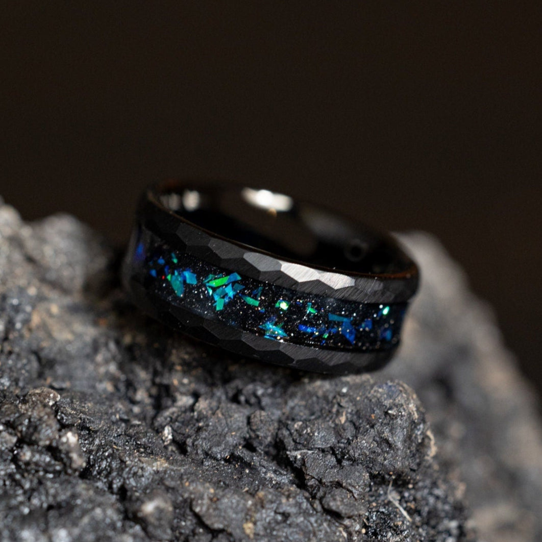 Green Galaxy - Space Galaxy Ring, Black Opal and Green Sandstone Ring, 8mm
