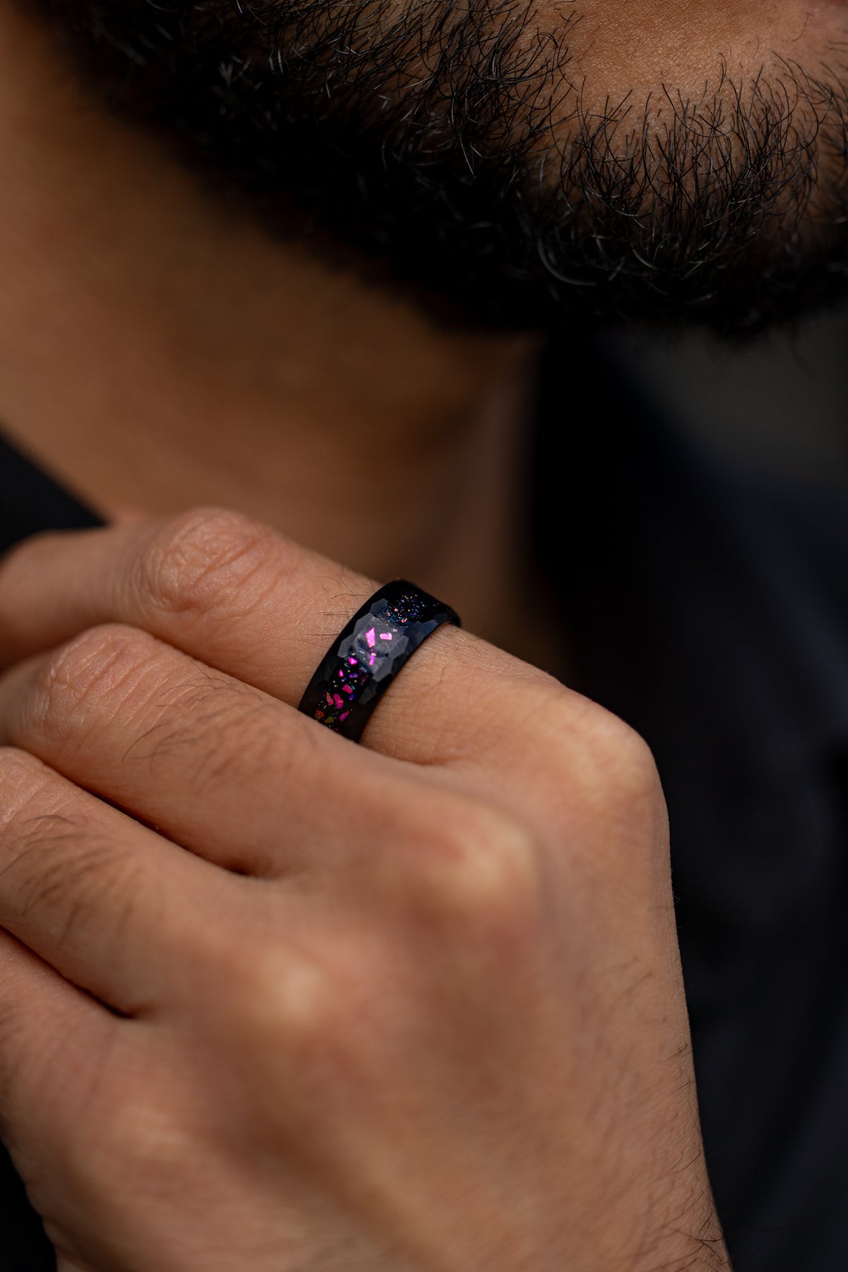Pink Galaxy - Space Galaxy Ring, Black Opal and Pink Sandstone Ring, 8mm