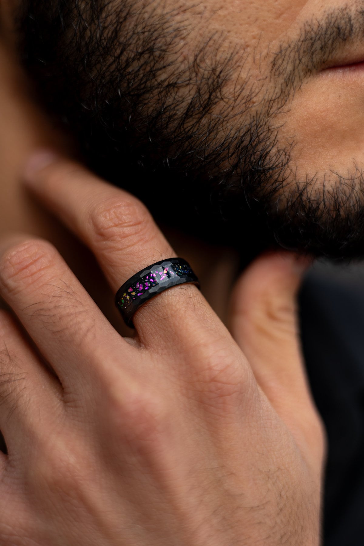 Pink Galaxy - Space Galaxy Ring, Black Opal and Pink Sandstone Ring, 8mm