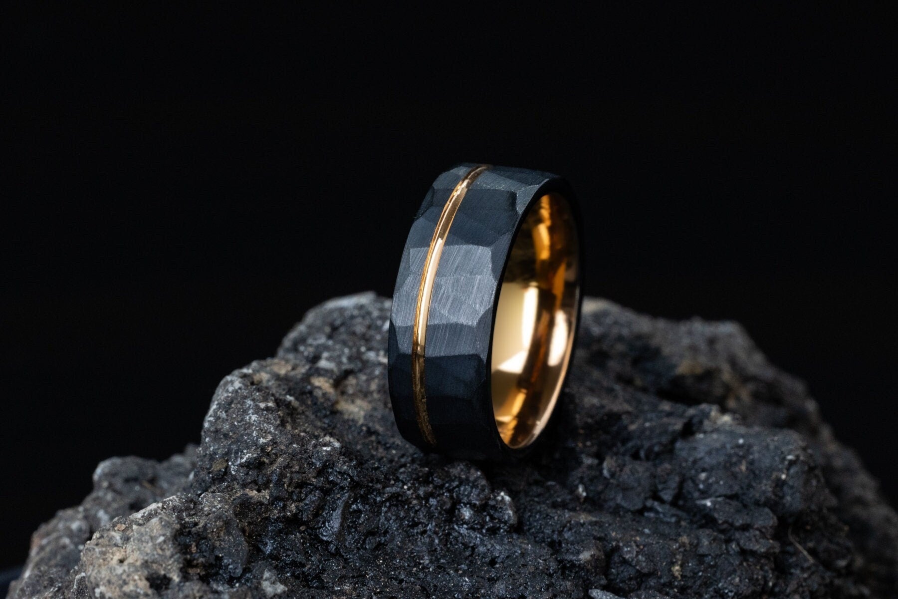 Black Hammered Ring for Men, Rose Gold Strip Band, Hammered Brushed Tungsten Carbide Ring, Mens Wedding Band, Comfort Fit Ring, 8mm