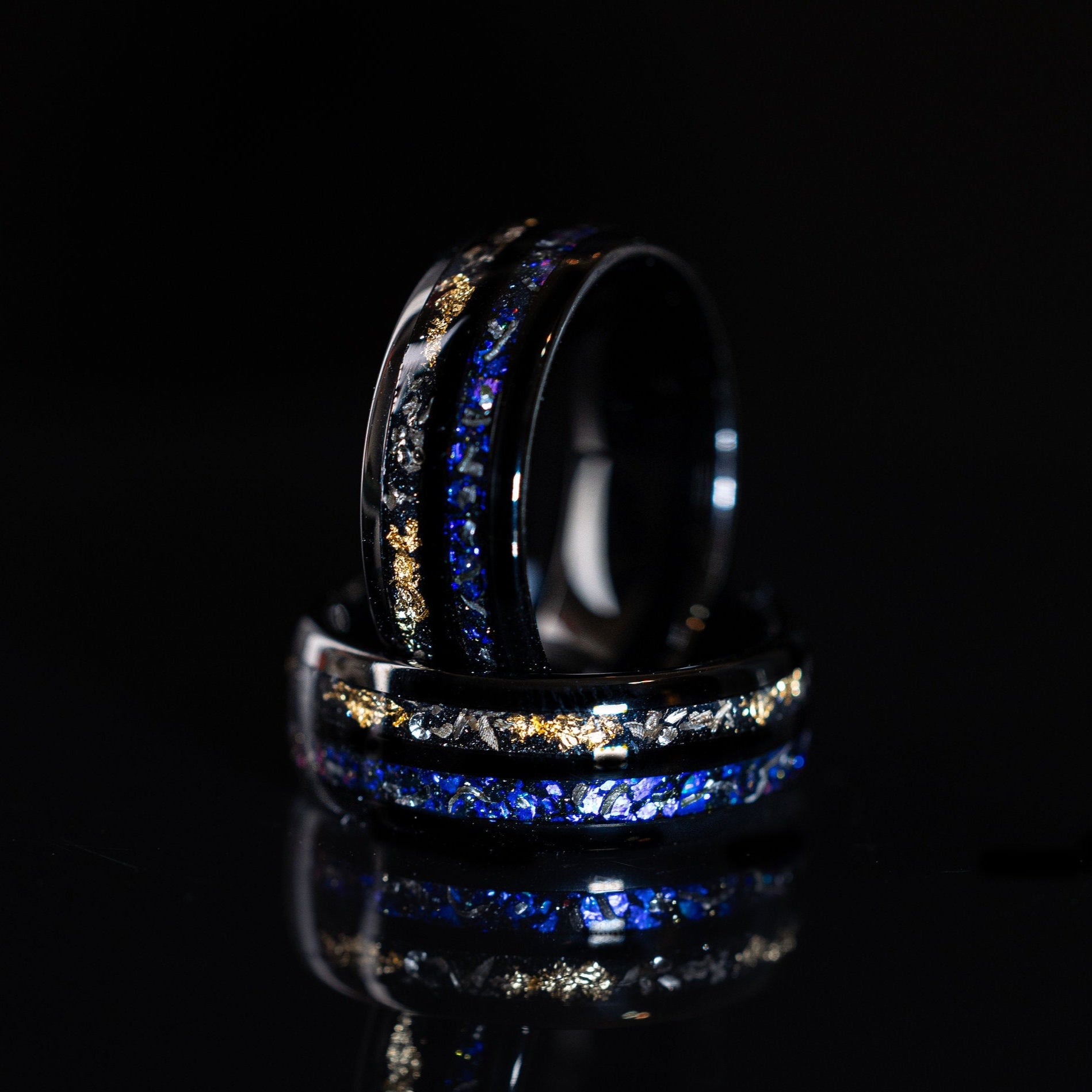 Nebula & Meteorite Crushed Gold Leaf Ring, Man Wedding Band, Tungsten Black Meteorite Band, Blue Galaxy Meteorite, 8mm Ring