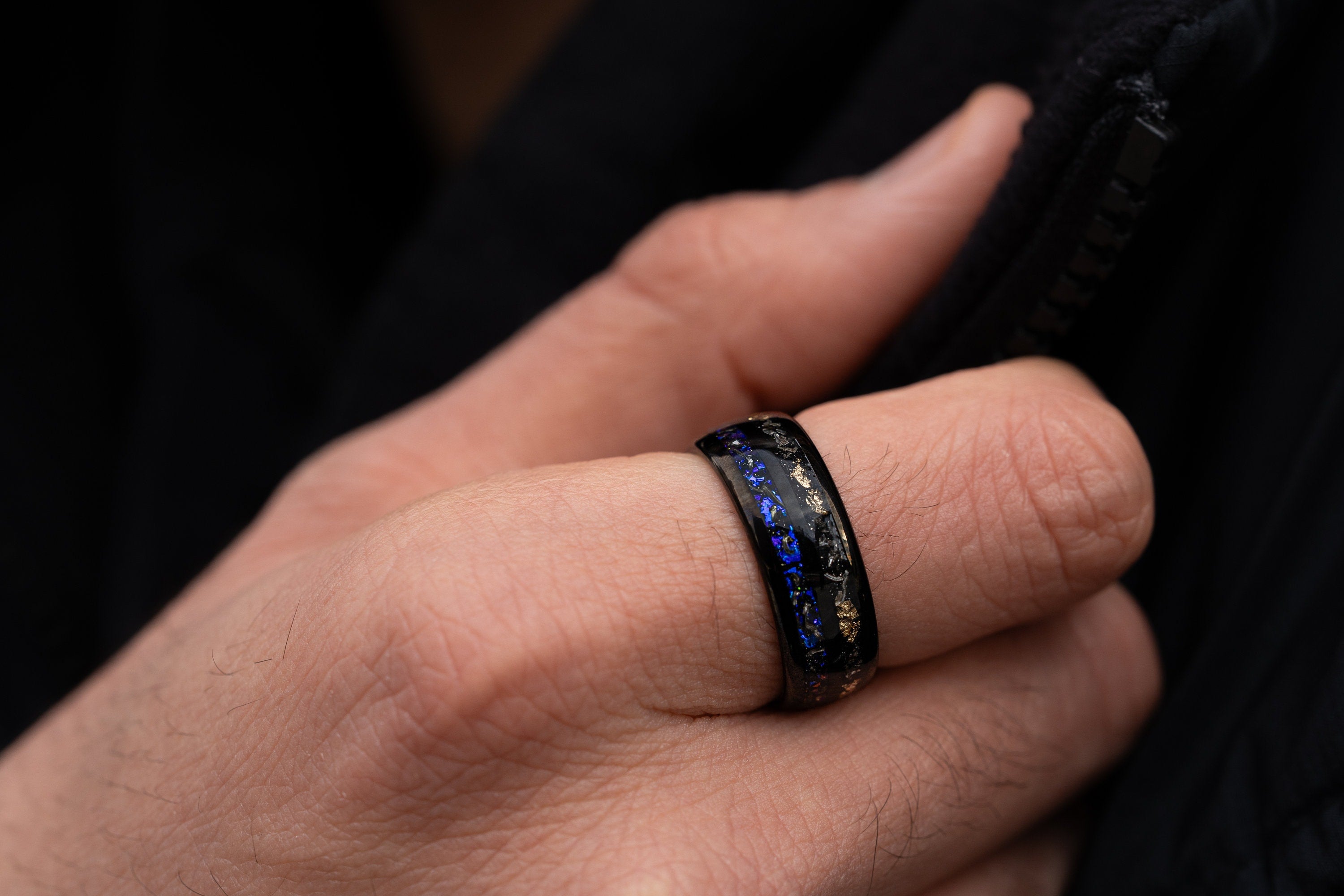 Nebula & Meteorite Crushed Gold Leaf Ring, Man Wedding Band, Tungsten Black Meteorite Band, Blue Galaxy Meteorite, 8mm Ring