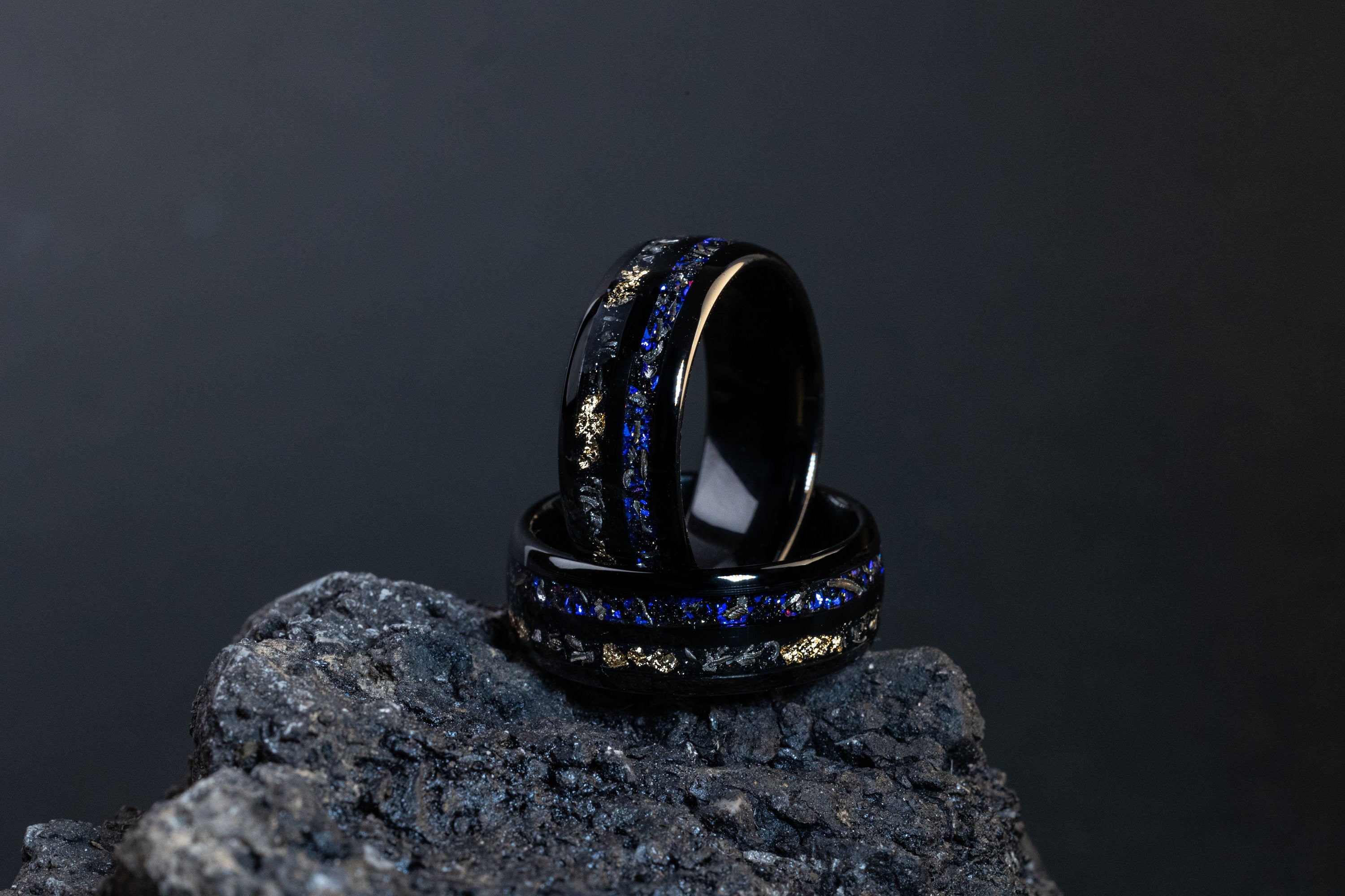 Nebula & Meteorite Crushed Gold Leaf Ring, Man Wedding Band, Tungsten Black Meteorite Band, Blue Galaxy Meteorite, 8mm Ring