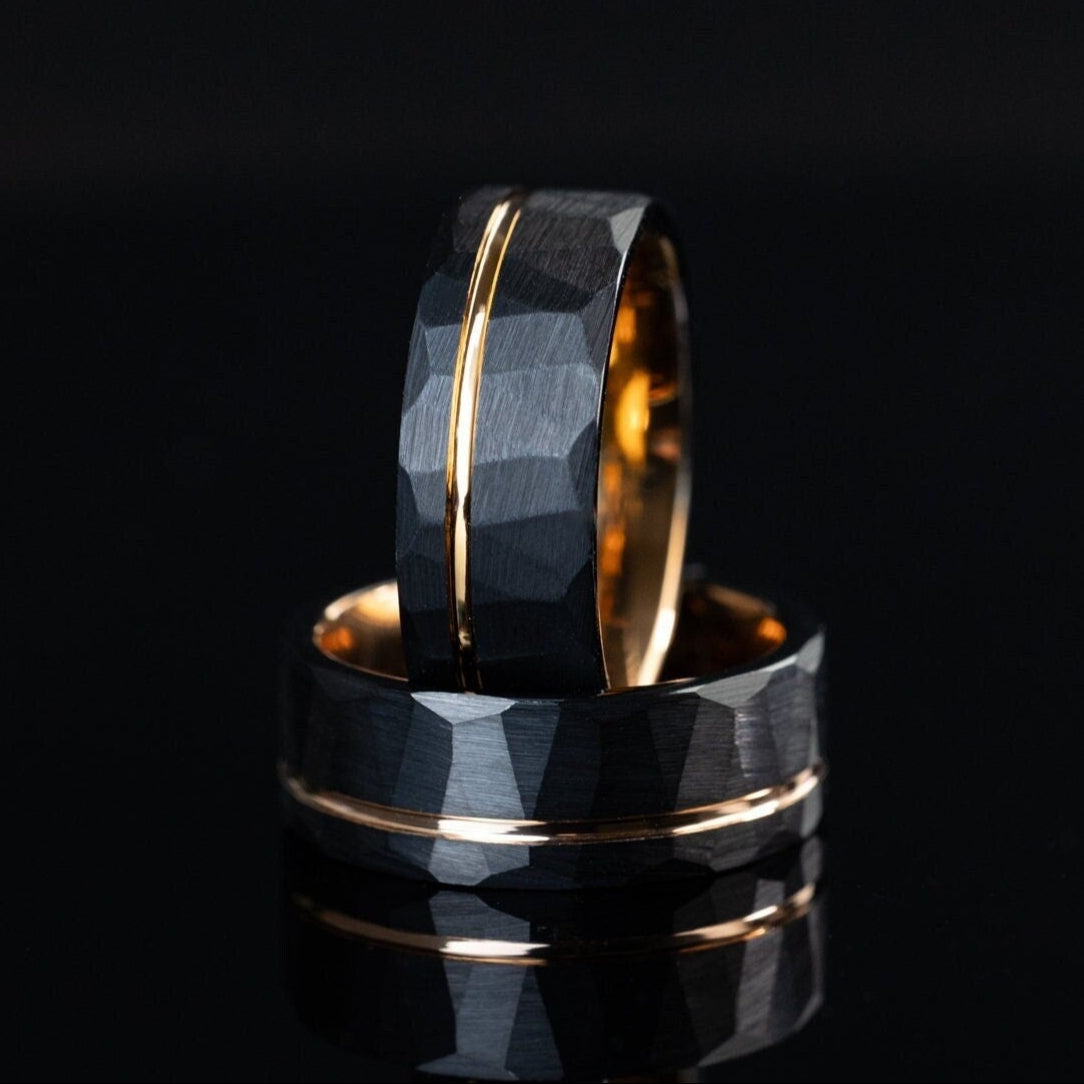 Black Hammered Ring for Men, Rose Gold Strip Band, Hammered Brushed Tungsten Carbide Ring, Mens Wedding Band, Comfort Fit Ring, 8mm