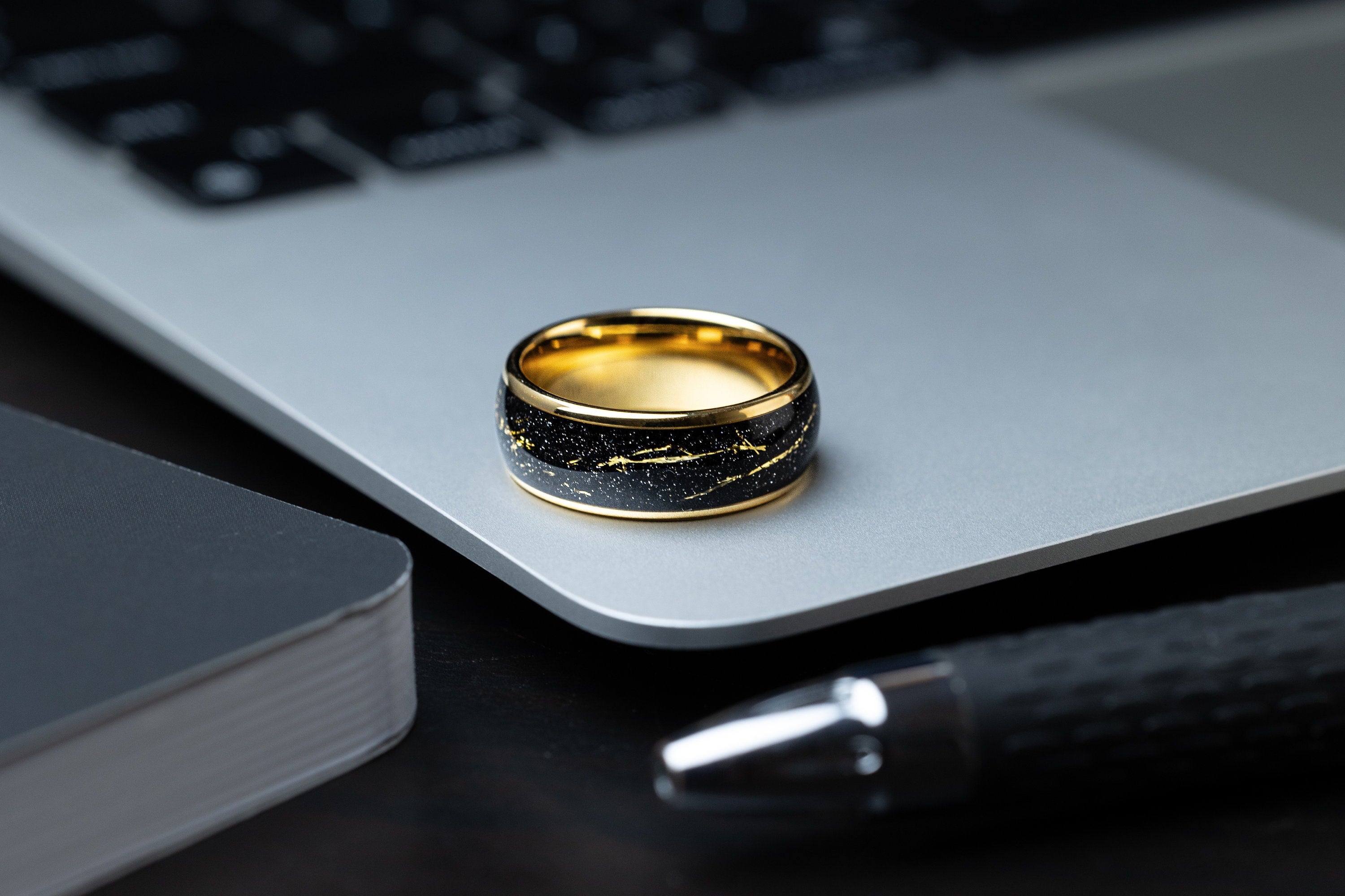 Golden Flash - Cosmic Galaxy Ring, Tungsten Wedding Ring, Gold Space Galaxy Ring, 8mm