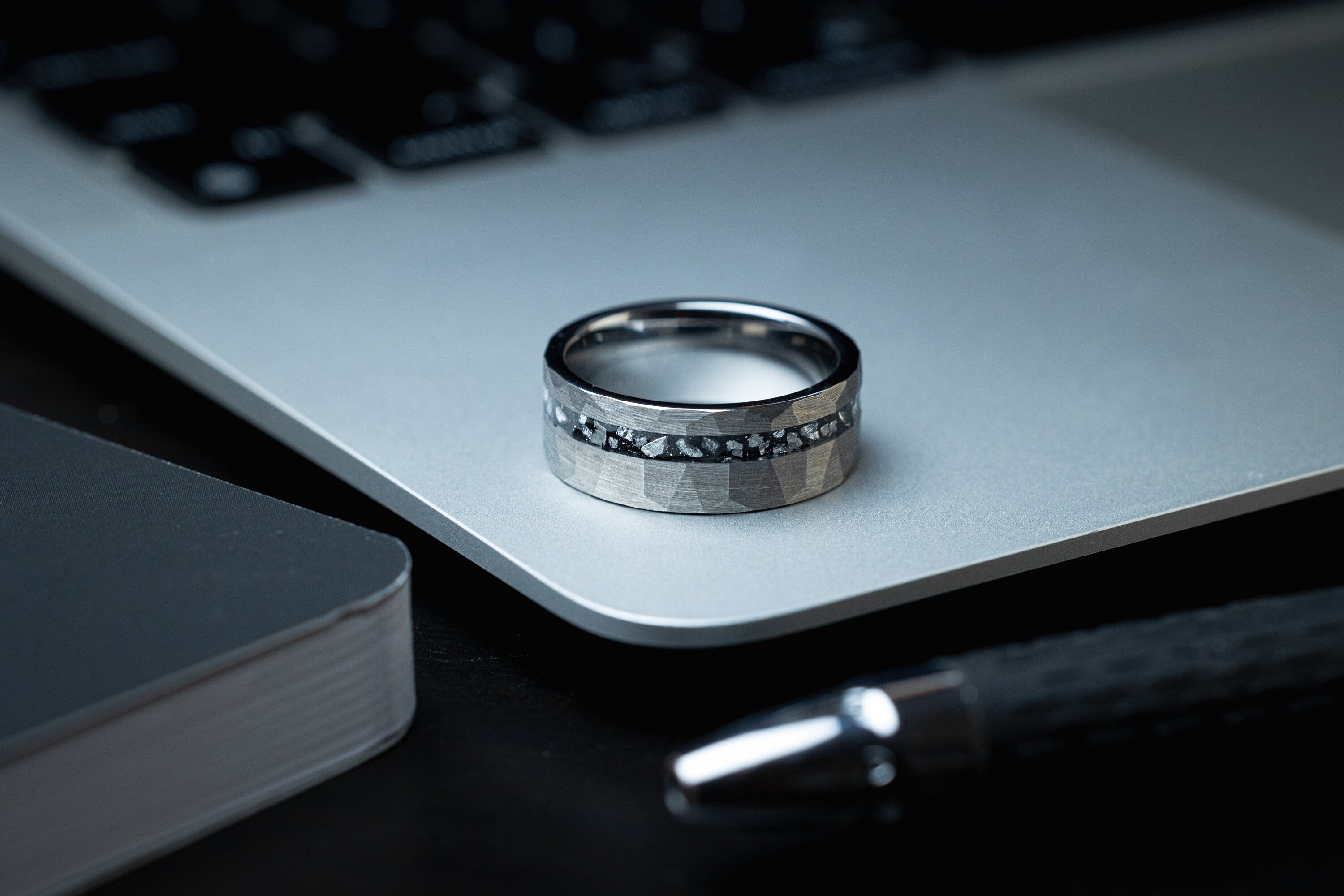 Galactic Stellar - Silver Meteorite Ring, Hammered Tungsten Ring, 8mm