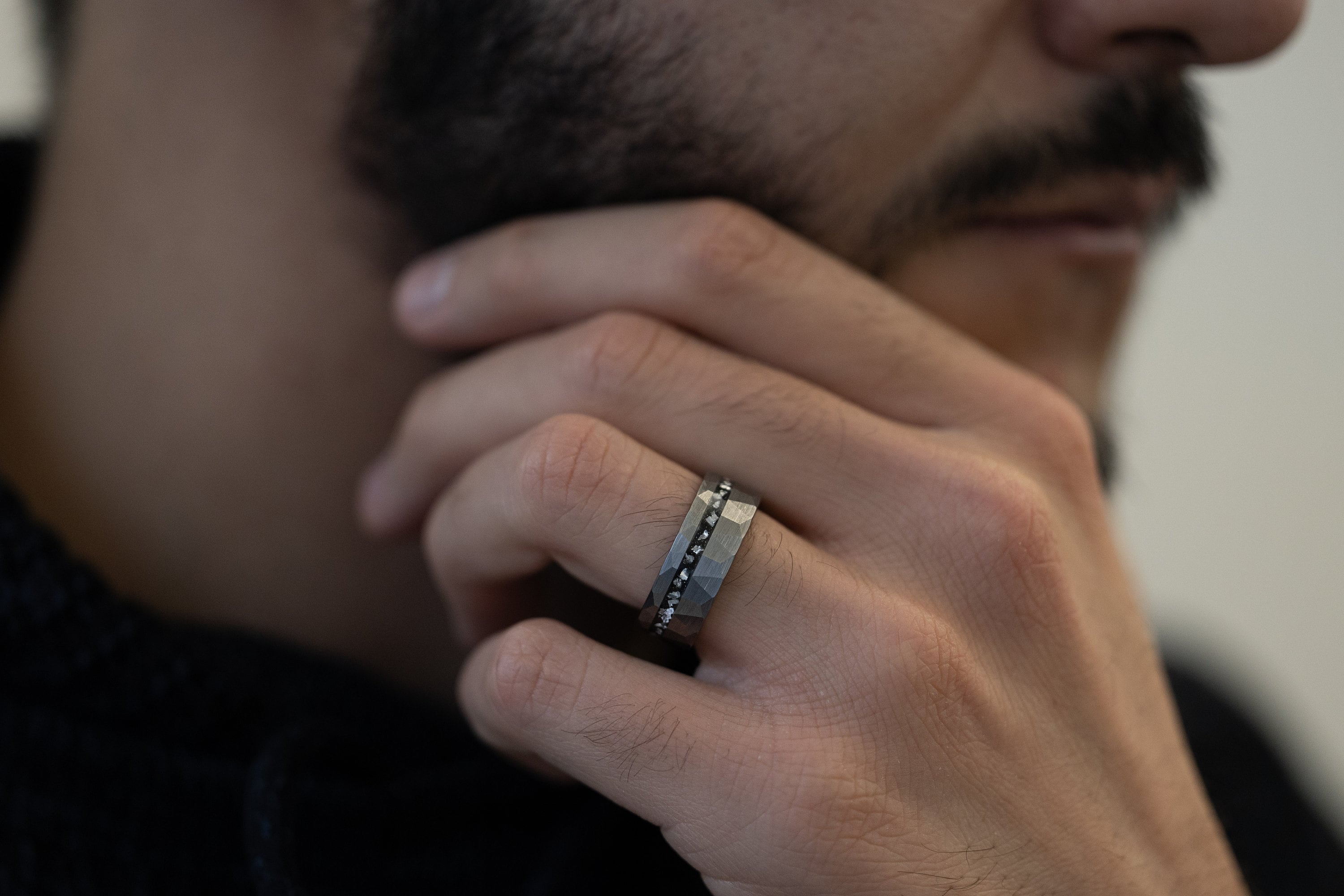Galactic Stellar - Silver Meteorite Ring, Hammered Tungsten Ring, 8mm
