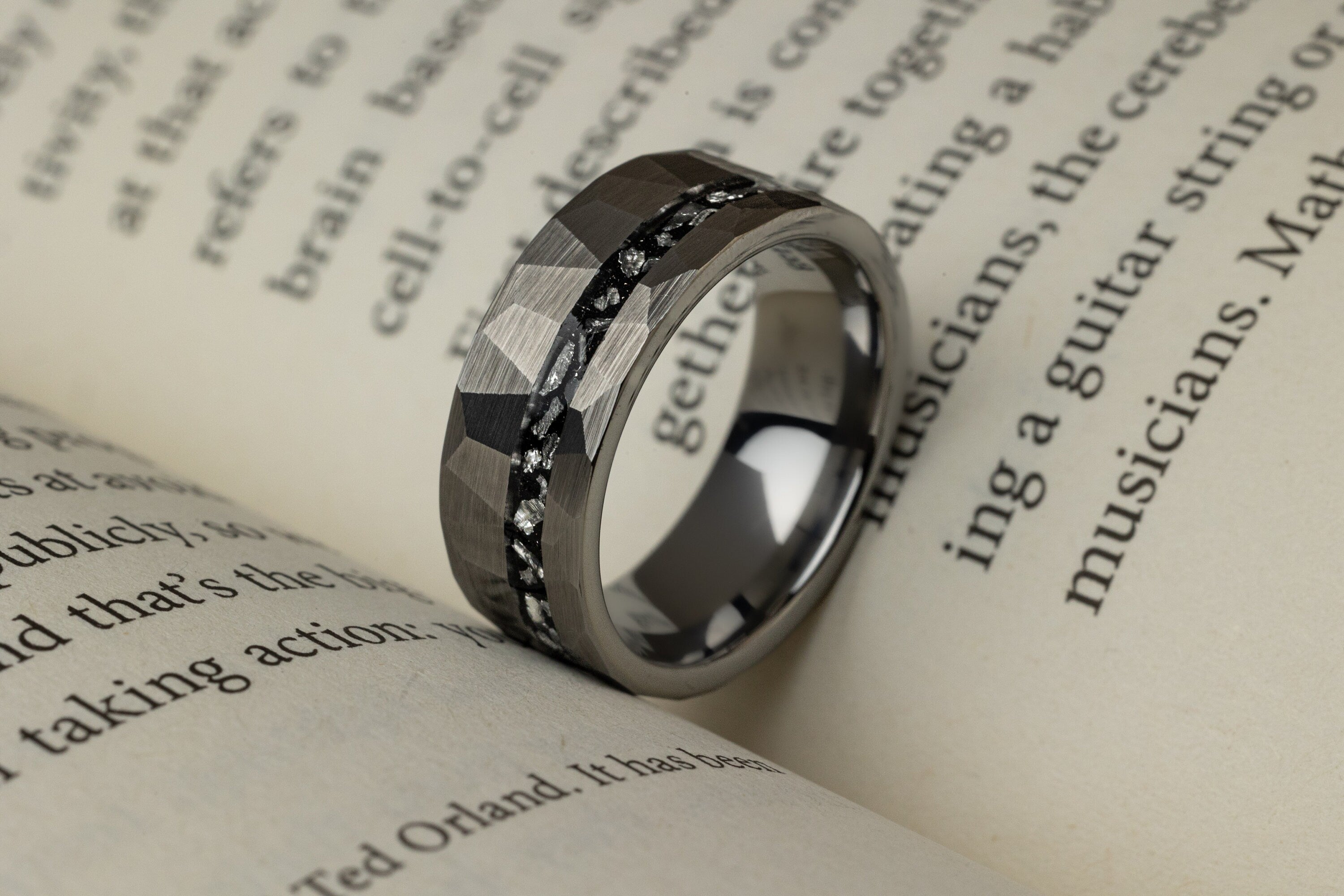 Galactic Stellar - Silver Meteorite Ring, Hammered Tungsten Ring, 8mm