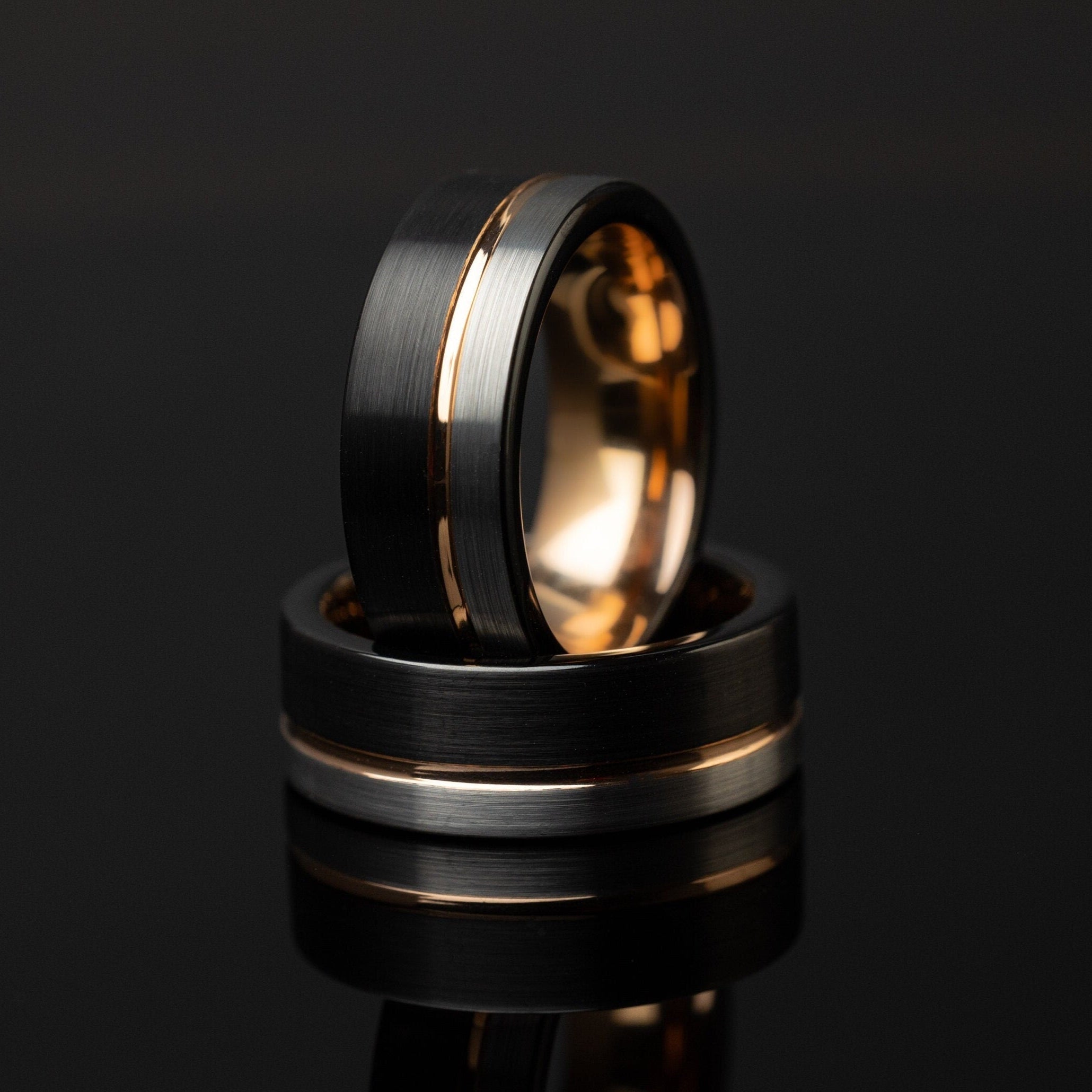 Moonlight - Tungsten Silver & Black Ring, Rose Gold Inlay Band, 8mm