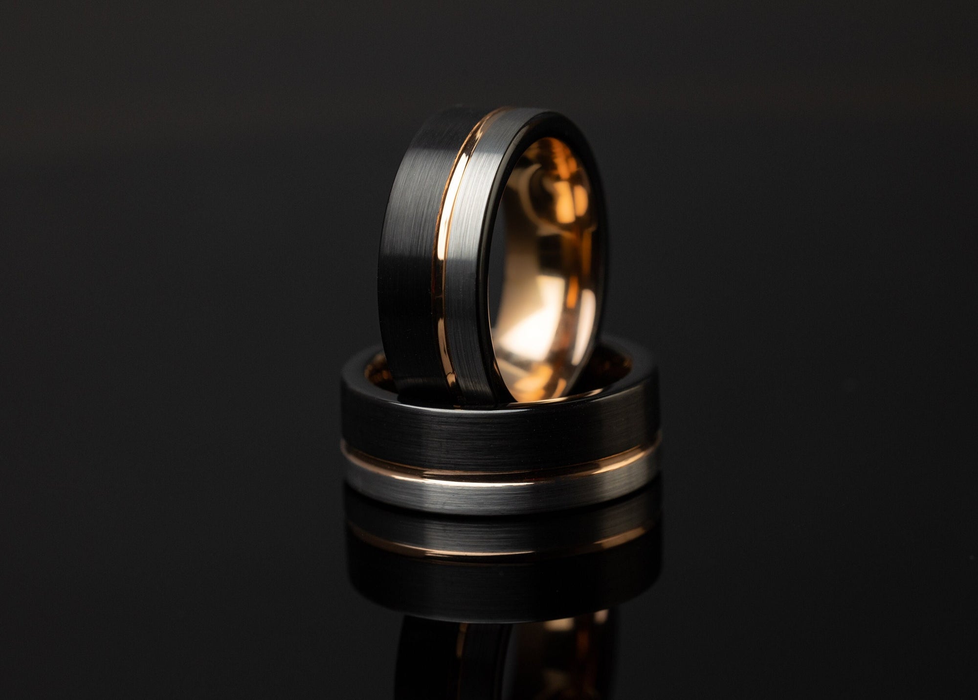 Moonlight - Tungsten Silver & Black Ring, Rose Gold Inlay Band, 8mm