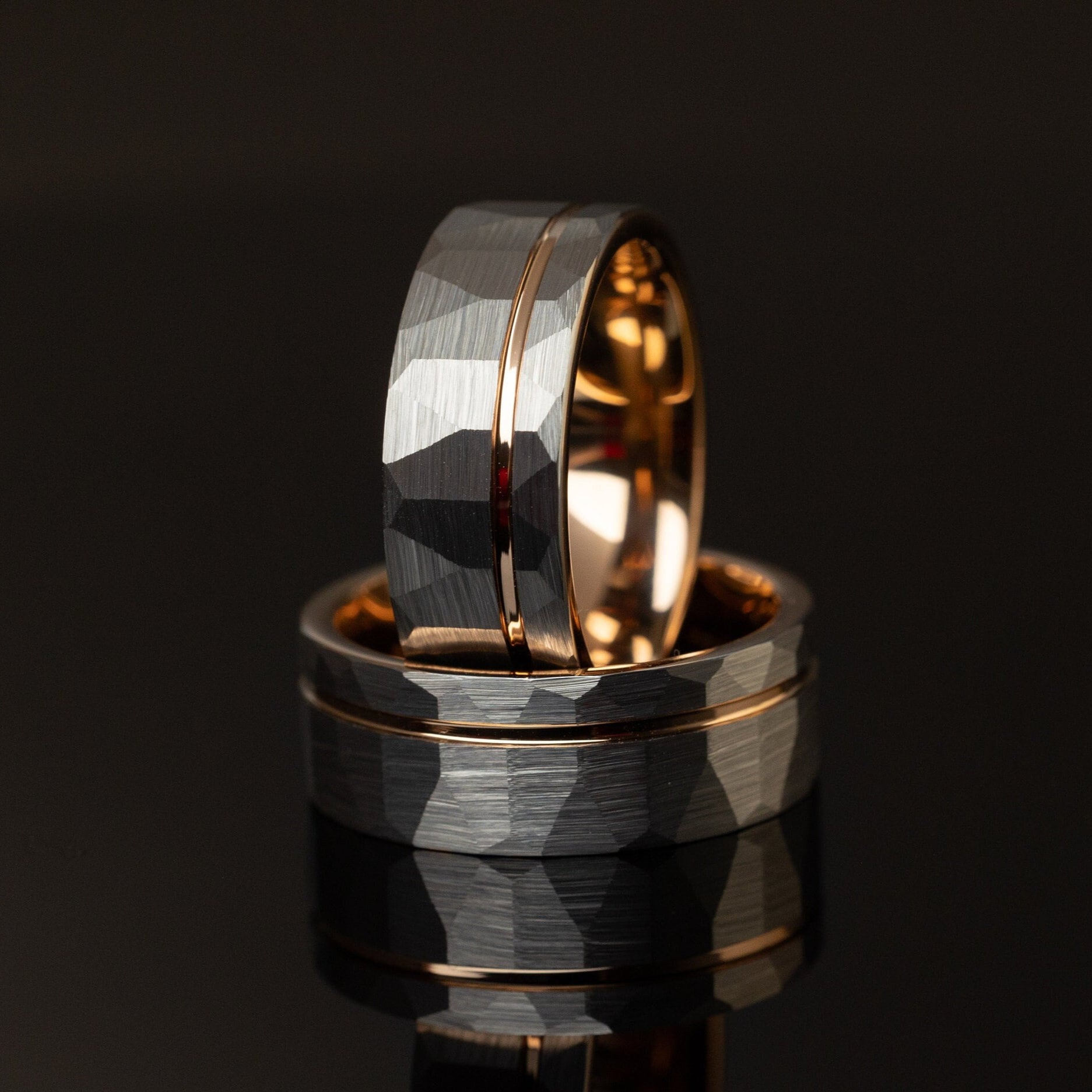 Bronzed Dawn - Hammered Tungsten Ring, Rose Gold Strip Band, 8mm