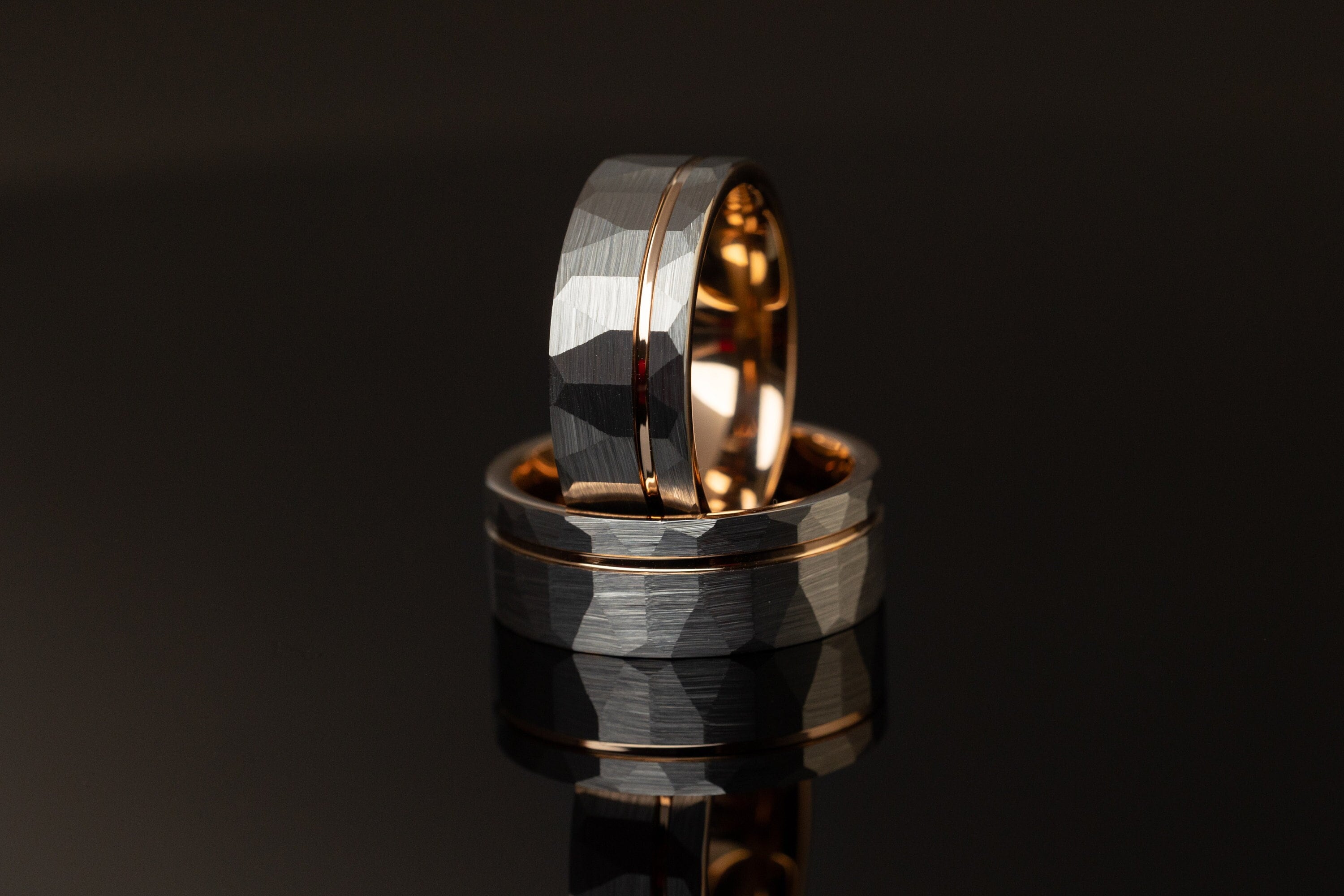 Bronzed Dawn - Hammered Tungsten Ring, Rose Gold Strip Band, 8mm