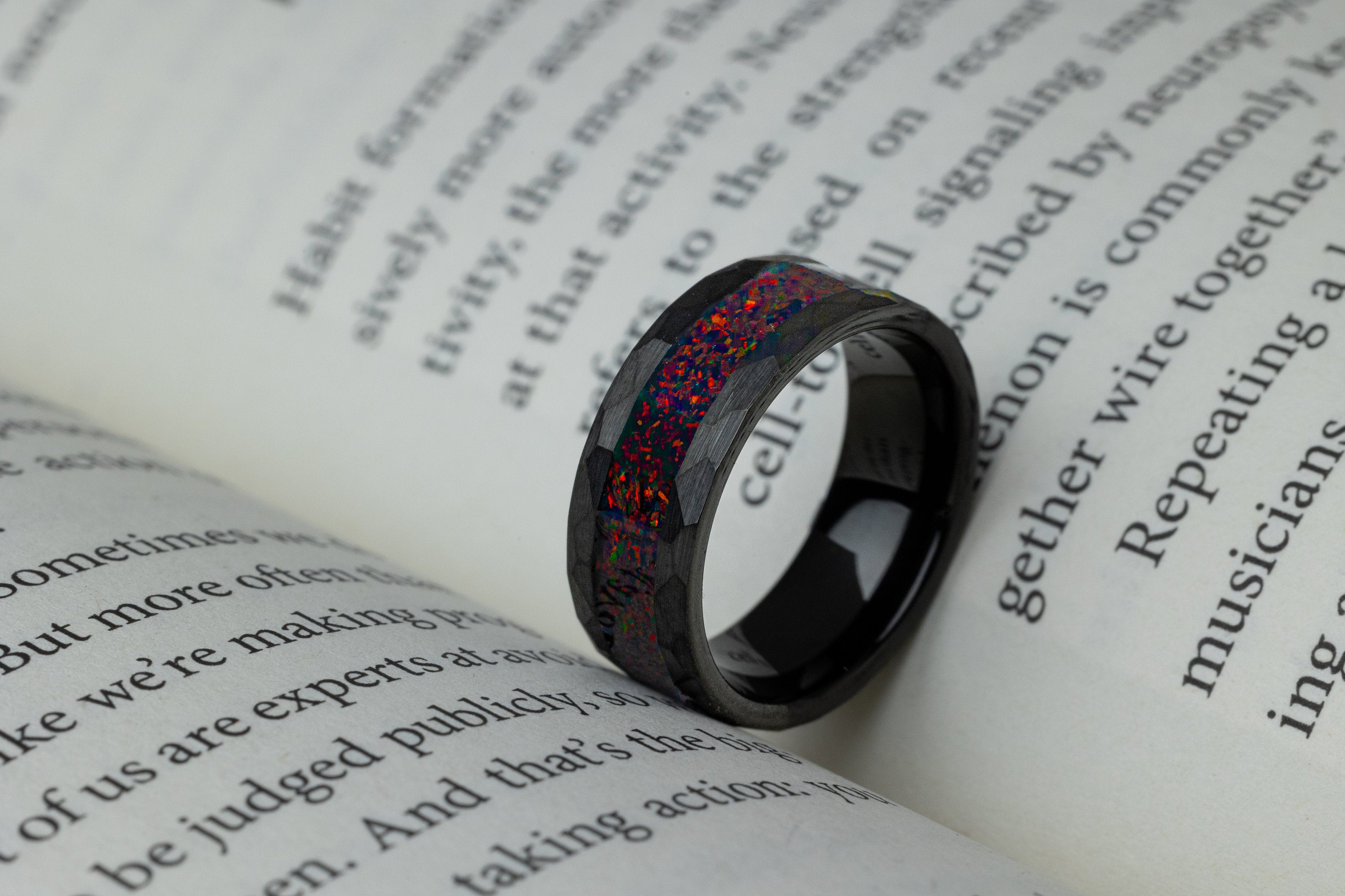 Phoenix Galaxy - Crushed Black Fire Opal, Hammered Opal Ring, 8mm