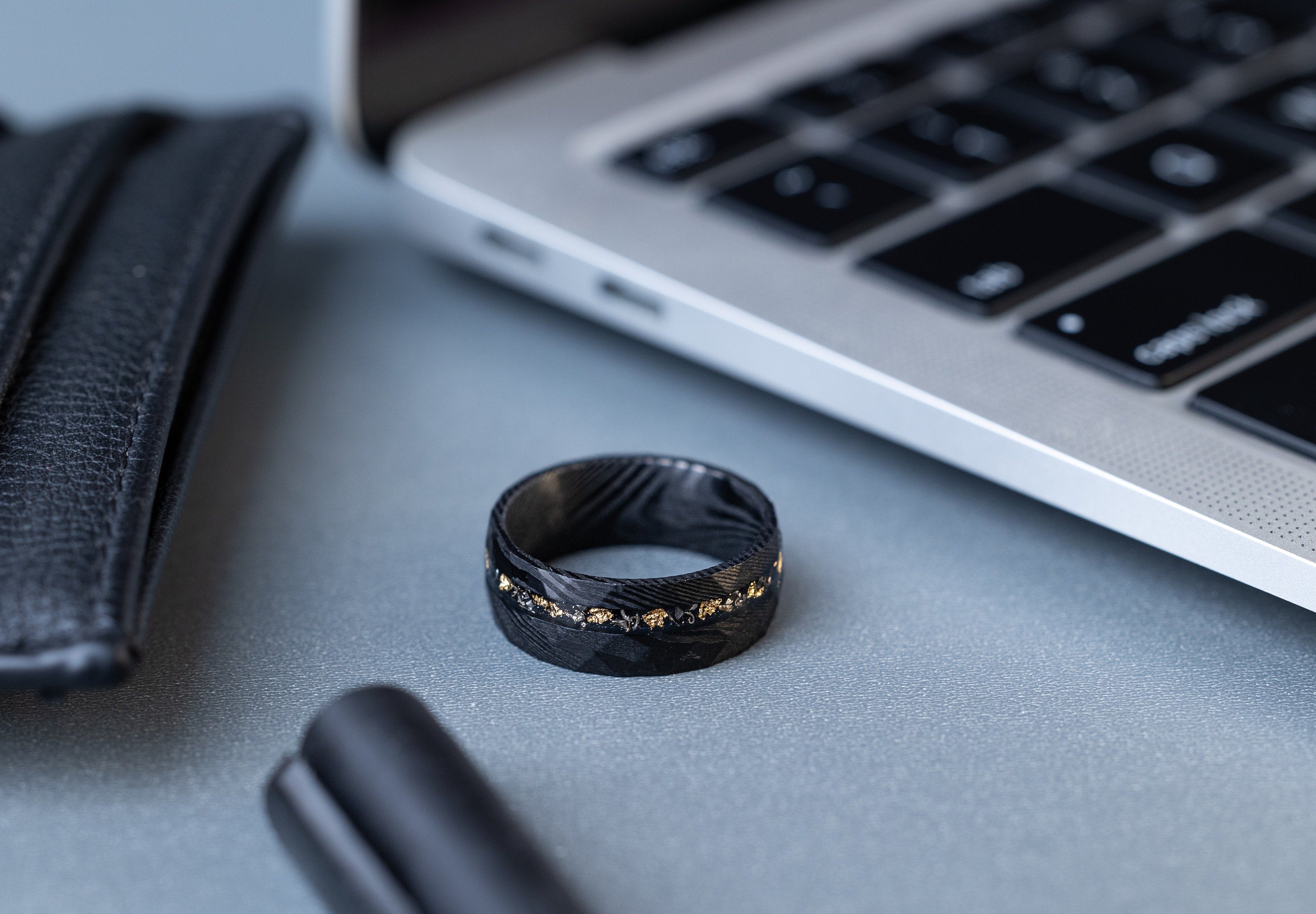 Damascus Meteorite & Crushed Gold Leaf, Crushed Gold Leaf Ring, Meteorite Ring, Man Wedding Band, Black Steel Hammered Ring, 8mm Ring