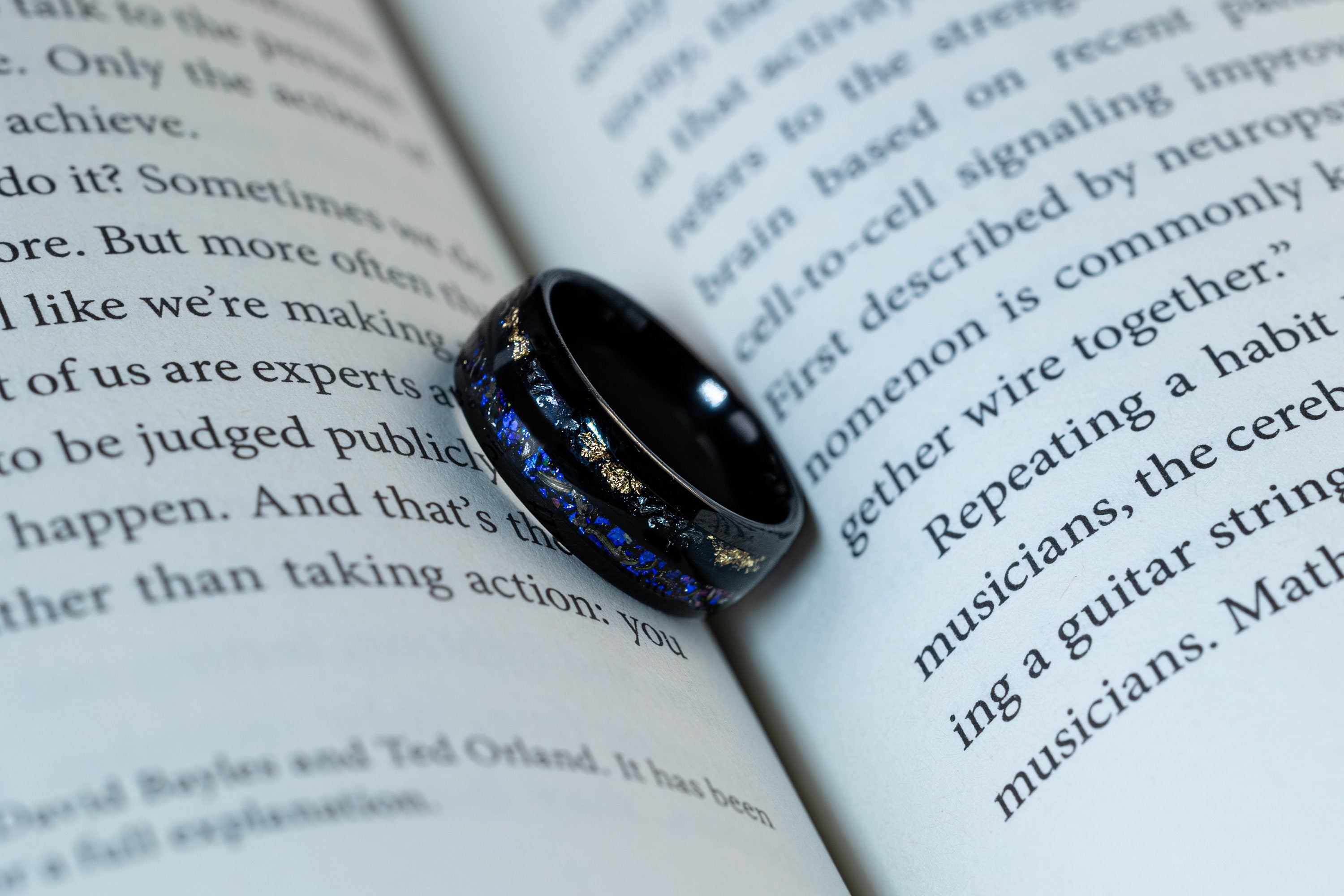 Nebula & Meteorite Crushed Gold Leaf Ring, Man Wedding Band, Tungsten Black Meteorite Band, Blue Galaxy Meteorite, 8mm Ring