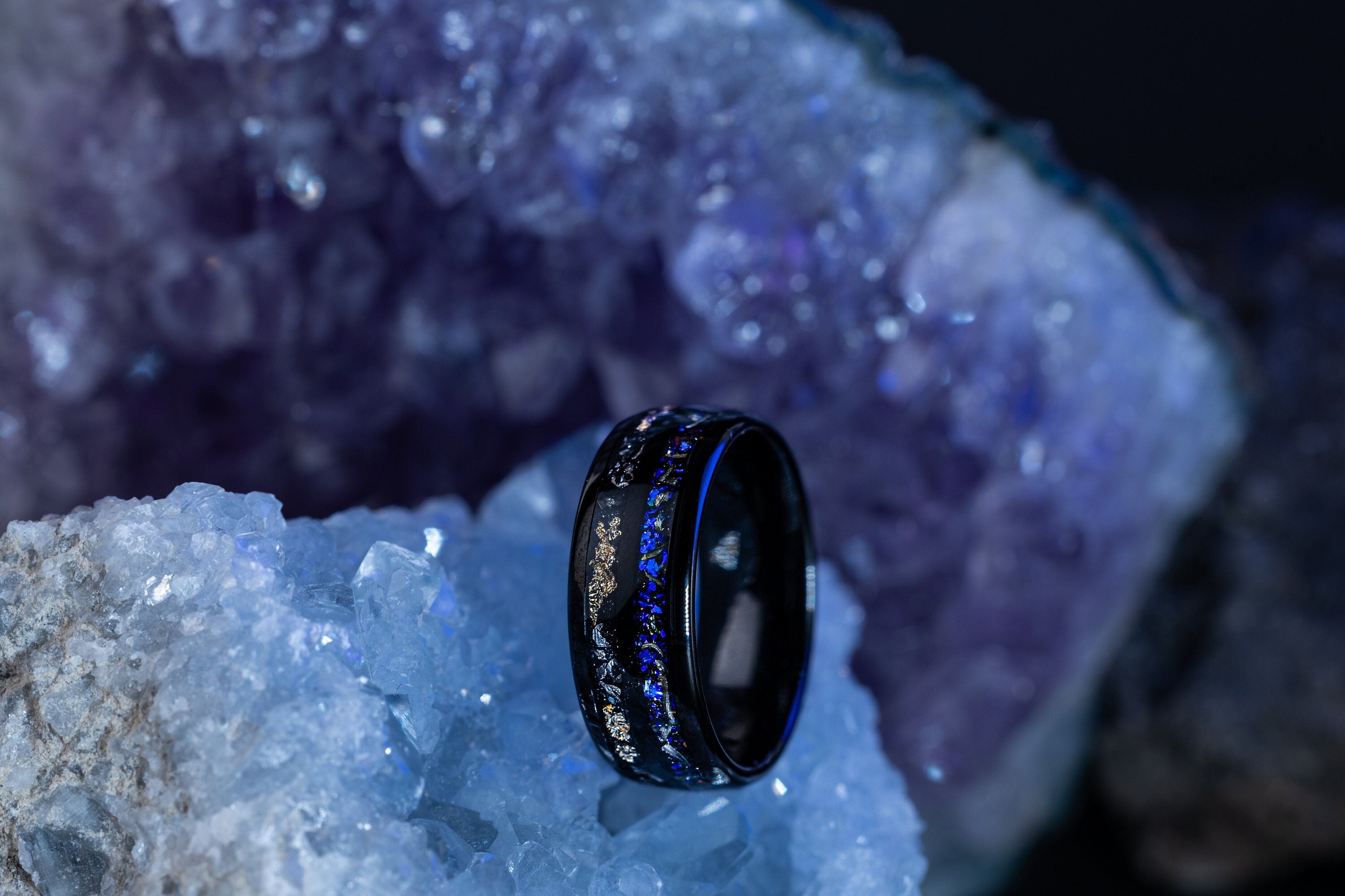 Nebula & Meteorite Crushed Gold Leaf Ring, Man Wedding Band, Tungsten Black Meteorite Band, Blue Galaxy Meteorite, 8mm Ring