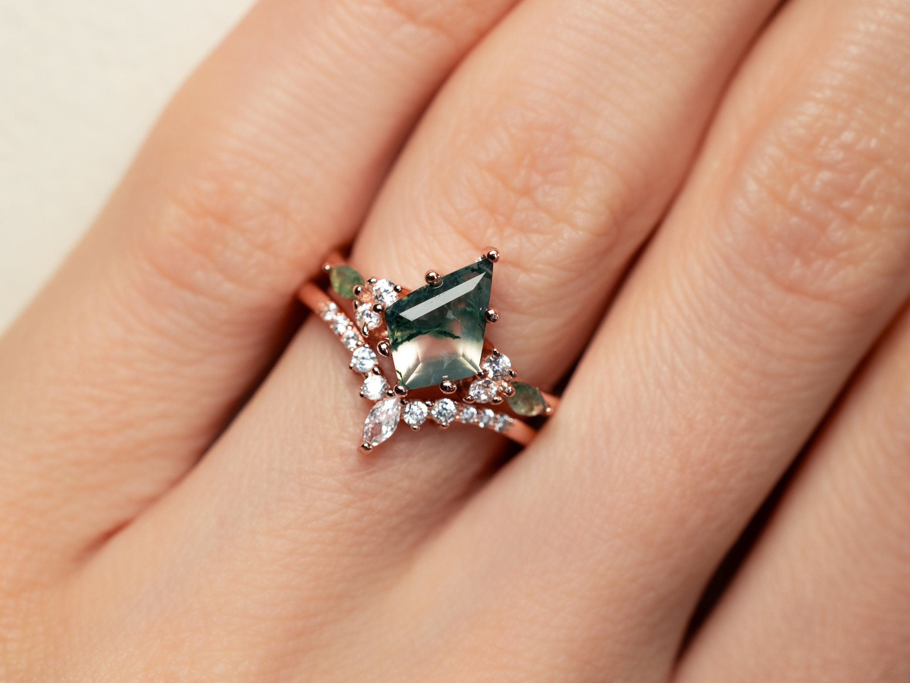 Moss Agate Ring, Natural Agate Engagement Ring in 14K Rose Gold Vermeil Kite-Cut Green Moss Agate Skye Ring, Green Gemstone Promise Ring