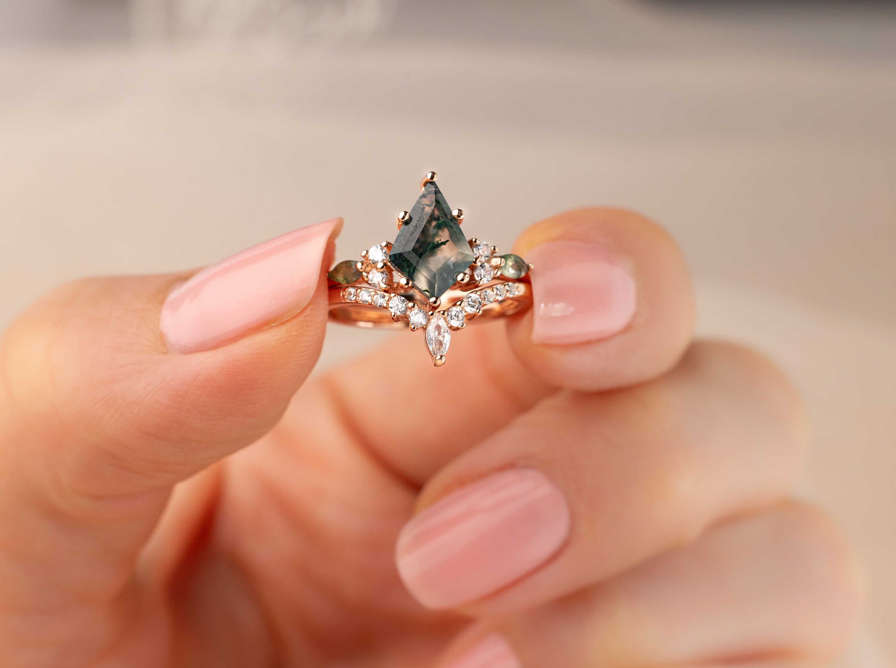 Moss Agate Ring, Natural Agate Engagement Ring in 14K Rose Gold Vermeil Kite-Cut Green Moss Agate Skye Ring, Green Gemstone Promise Ring