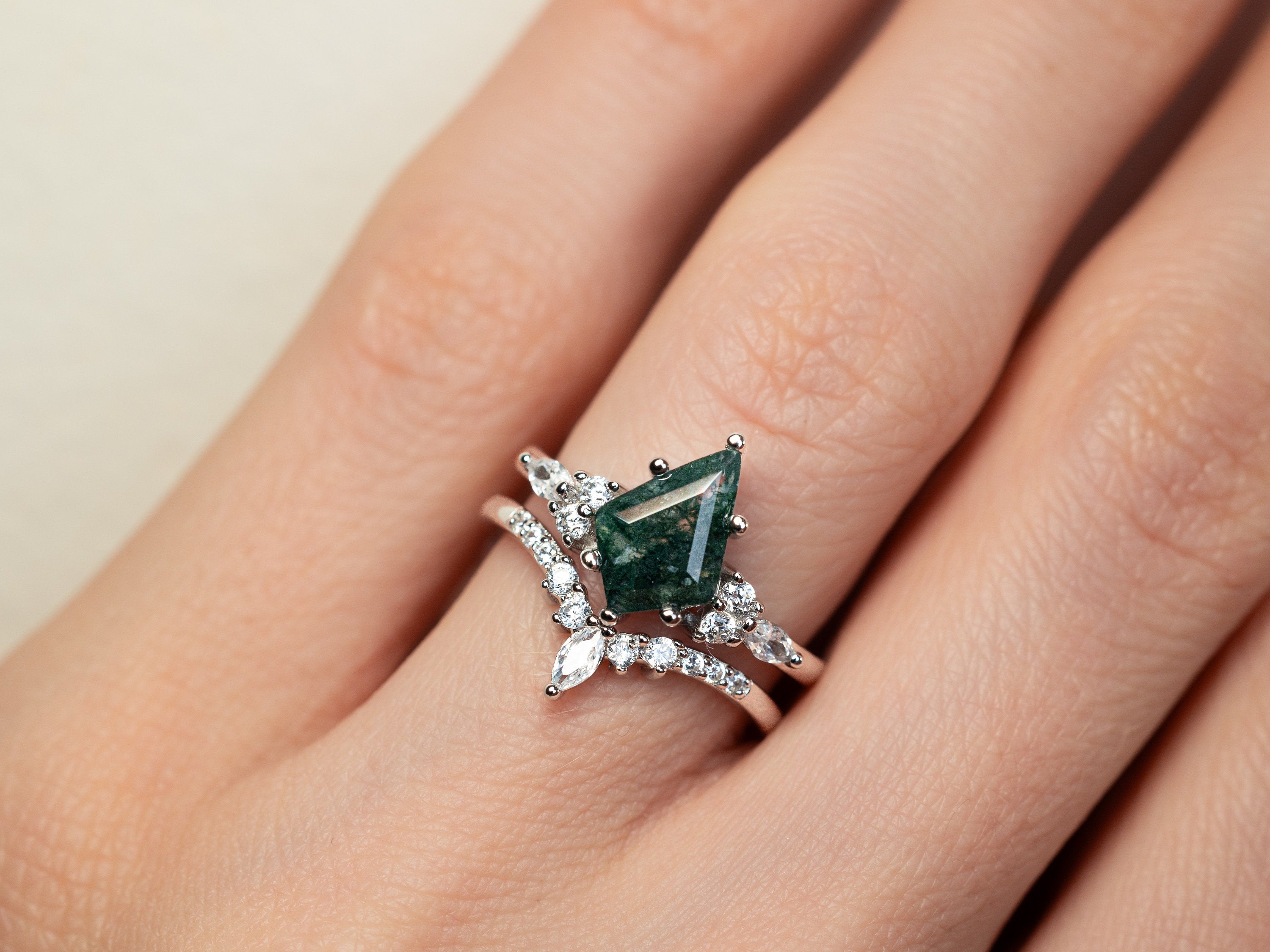 Skye Kite Green Moss Agate Ring, Natural Agate Engagement Ring, Promise Ring with Moss Agate, Sterling Silver Ring, Anniversary Gift for Her