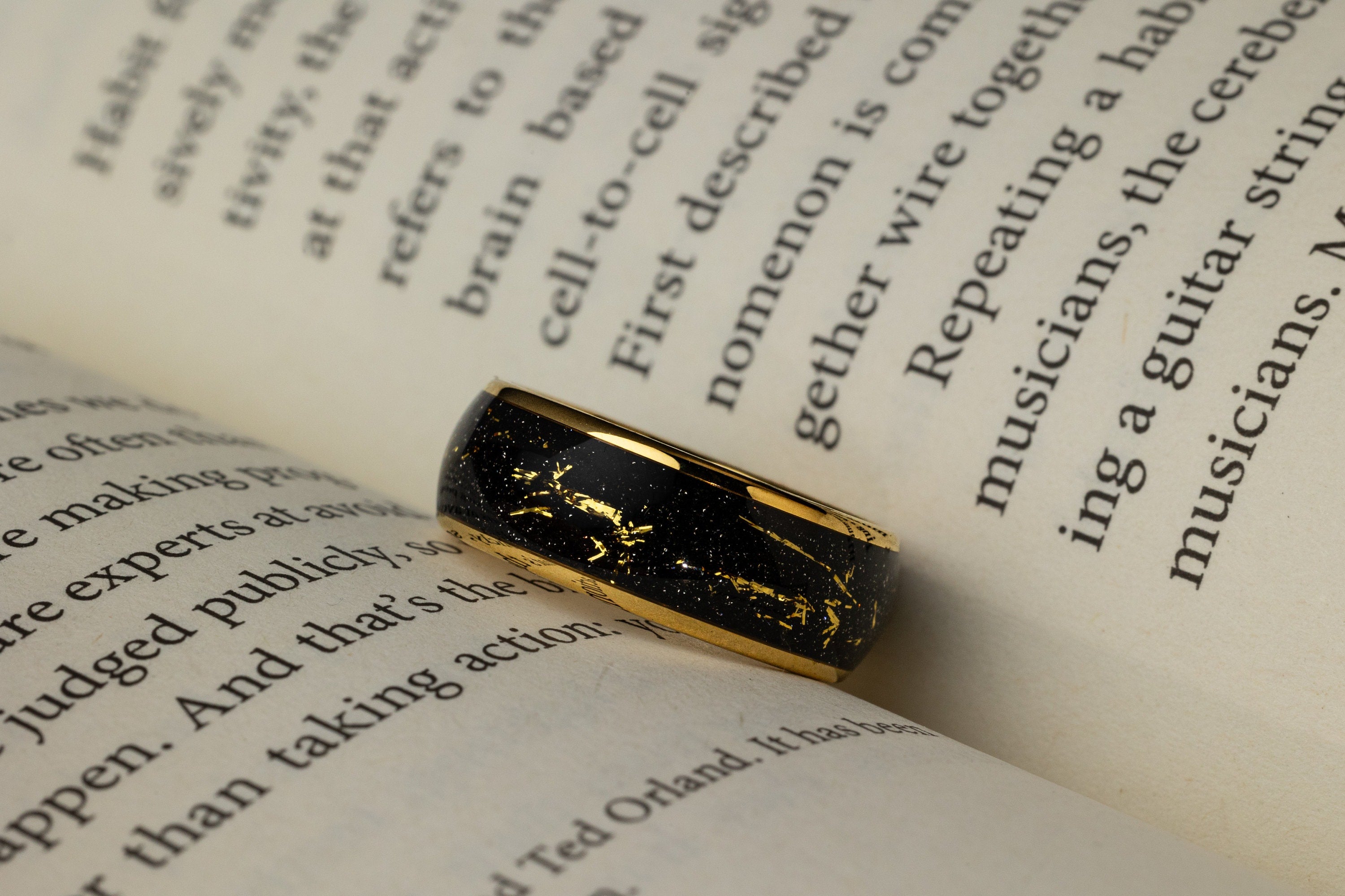 Golden Flash - Cosmic Galaxy Ring, Tungsten Wedding Ring, Gold Space Galaxy Ring, 8mm