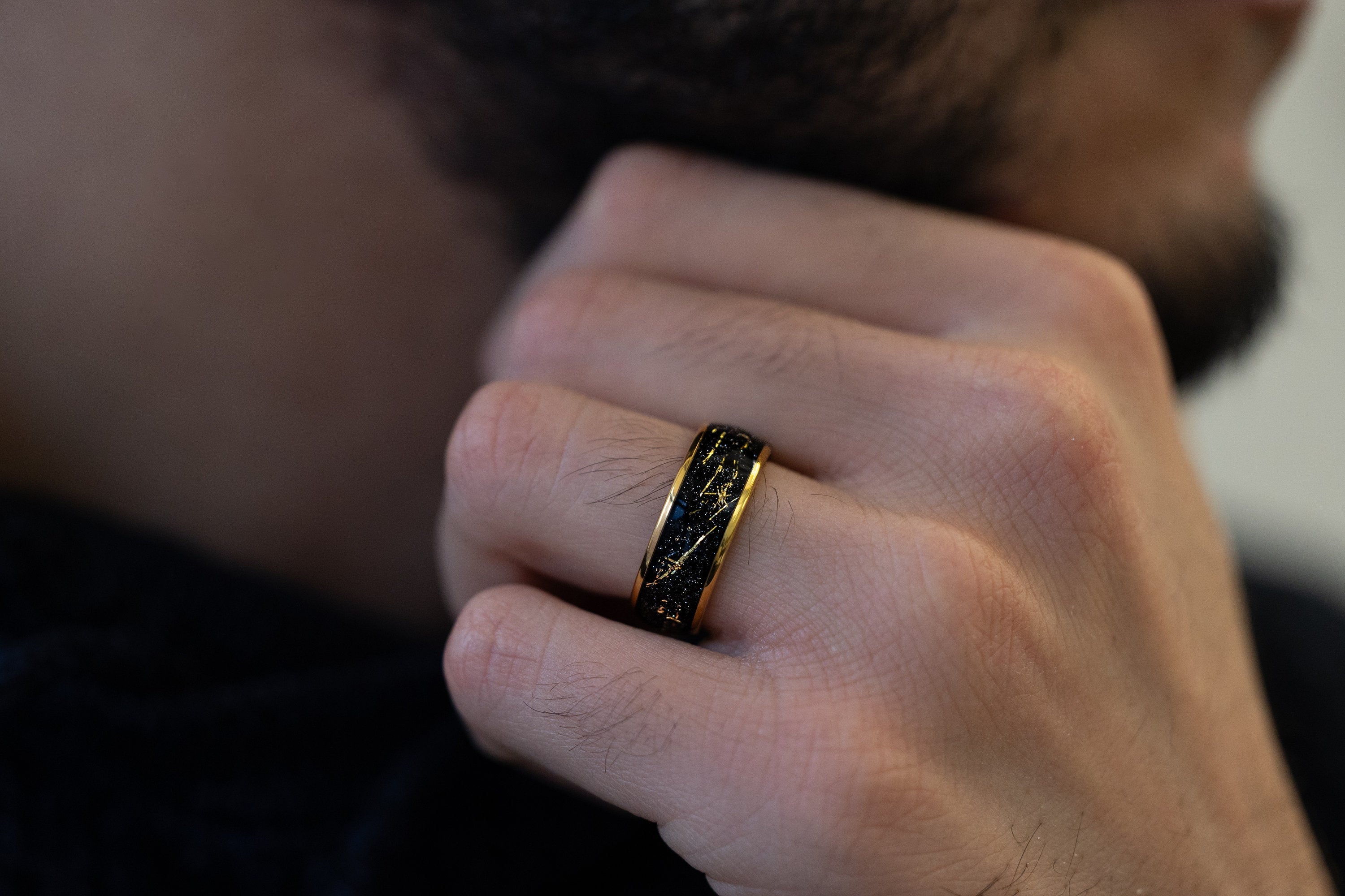 Golden Flash - Cosmic Galaxy Ring, Tungsten Wedding Ring, Gold Space Galaxy Ring, 8mm