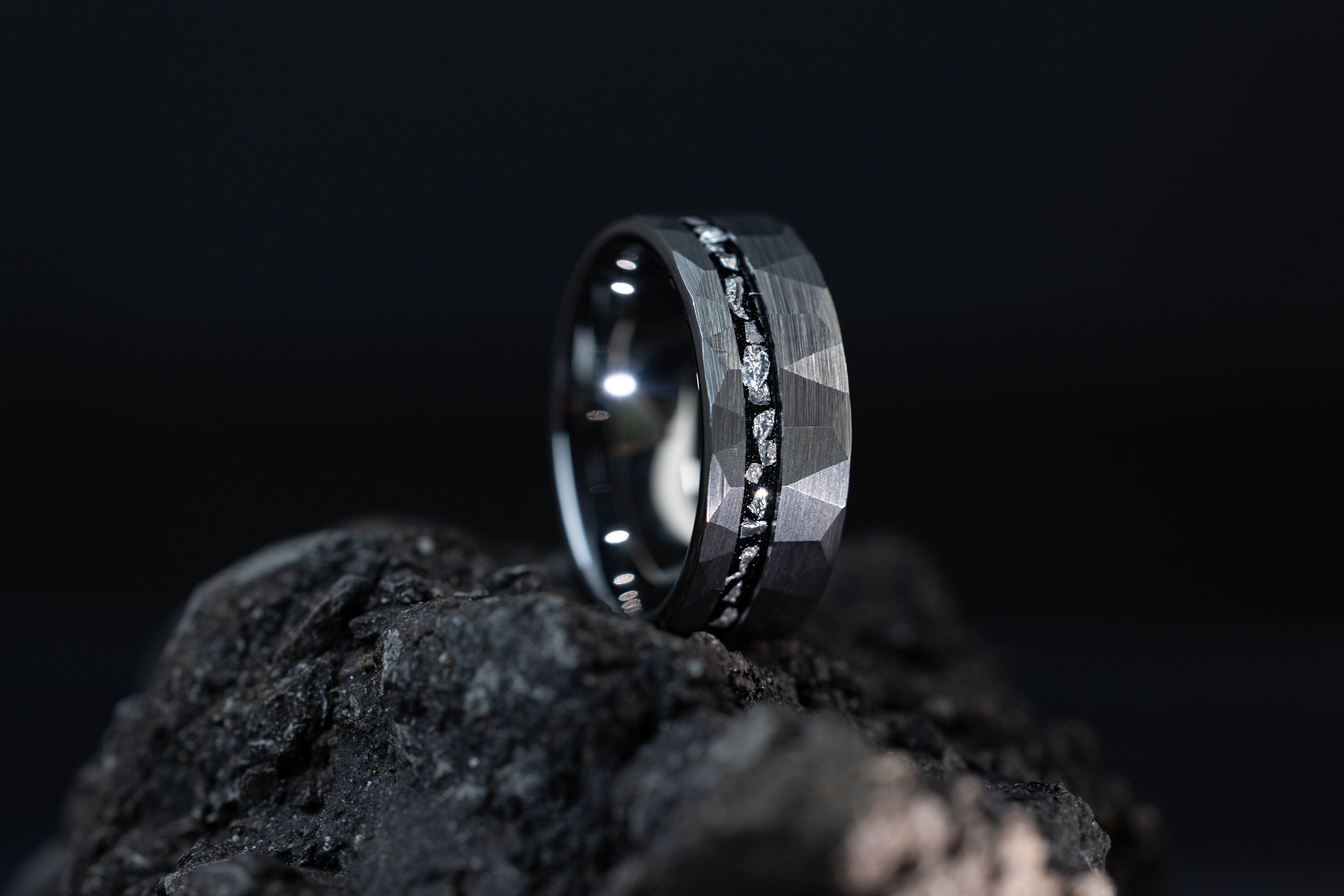 Galactic Stellar - Silver Meteorite Ring, Hammered Tungsten Ring, 8mm