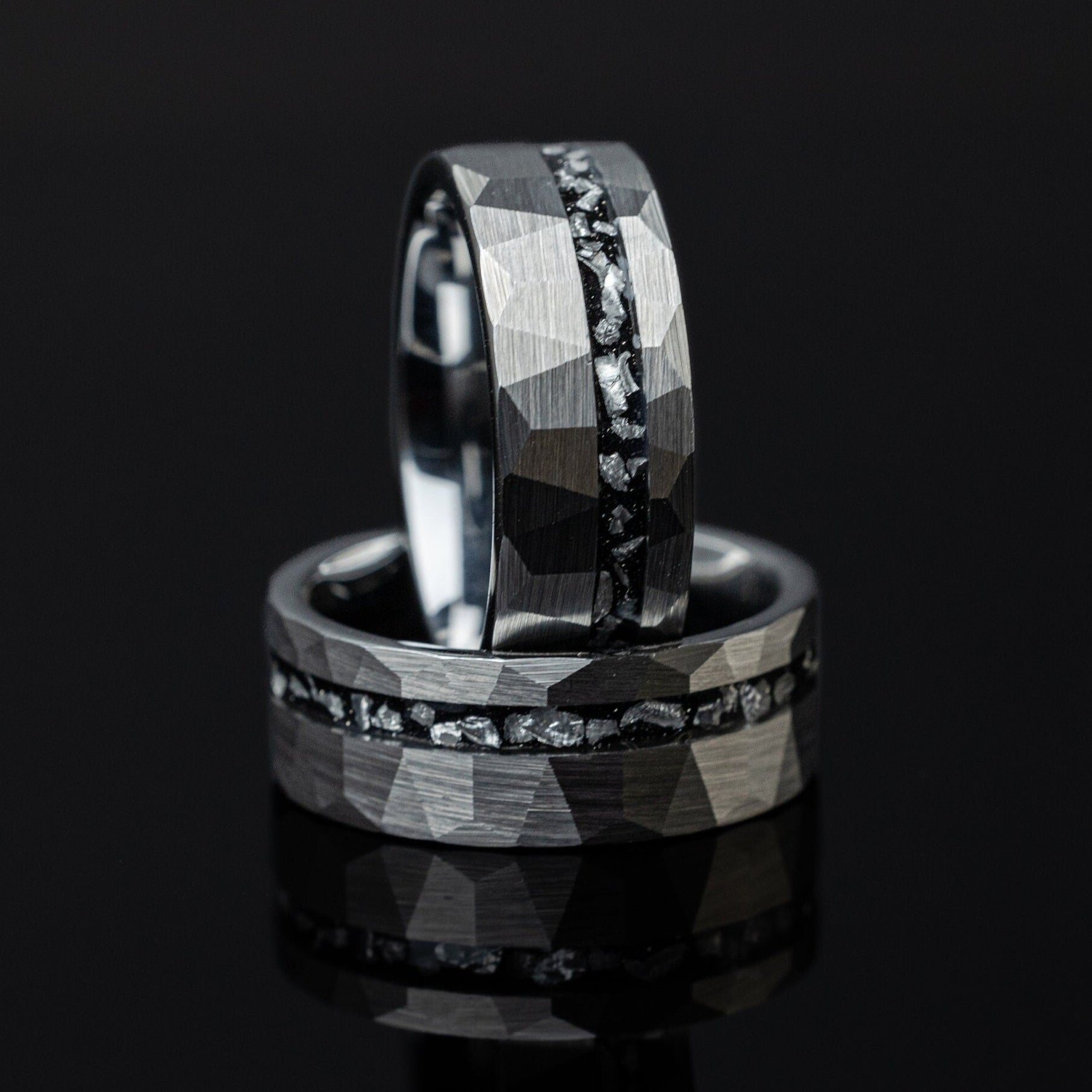 Galactic Stellar - Silver Meteorite Ring, Hammered Tungsten Ring, 8mm