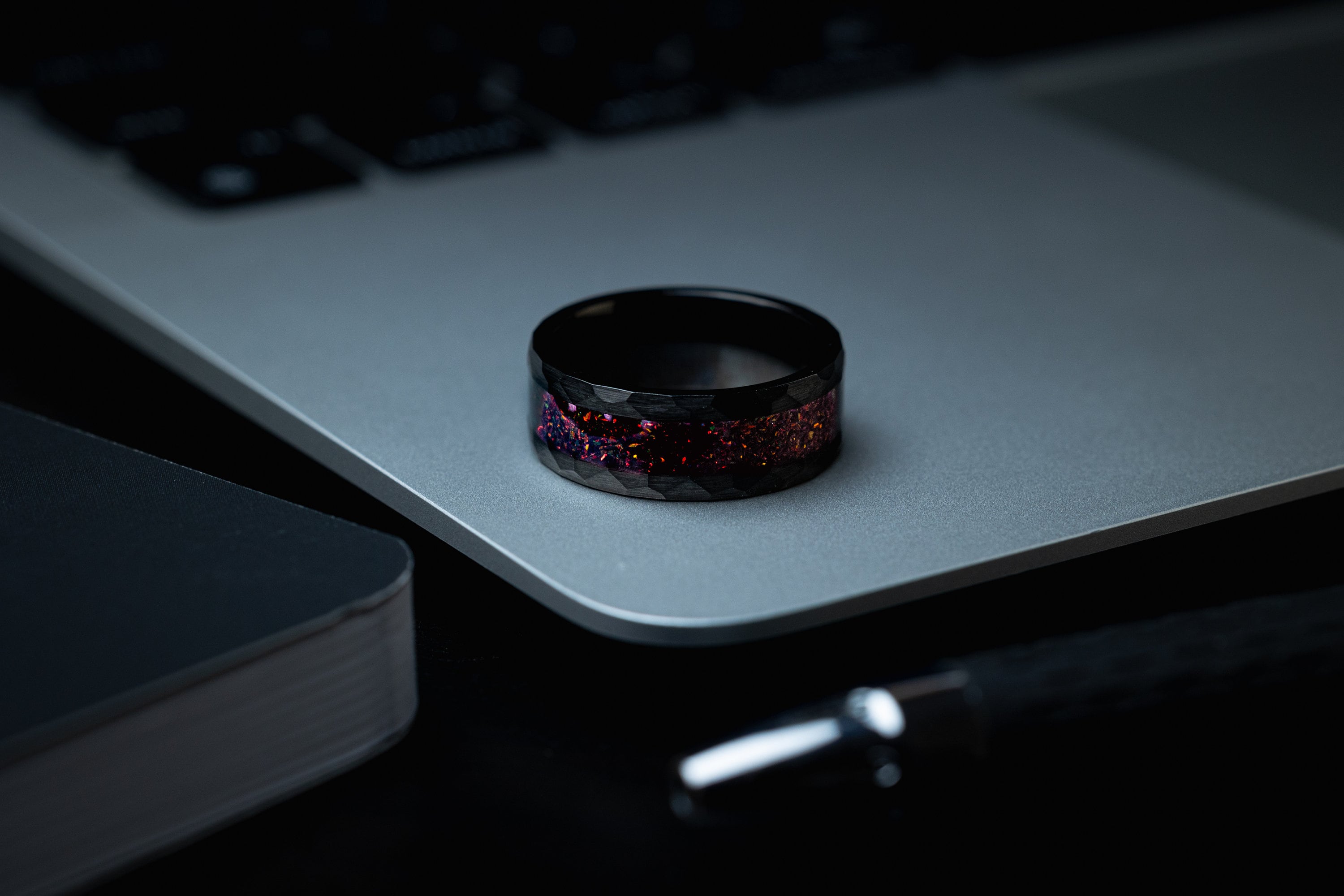 Phoenix Galaxy - Crushed Black Fire Opal, Hammered Opal Ring, 8mm