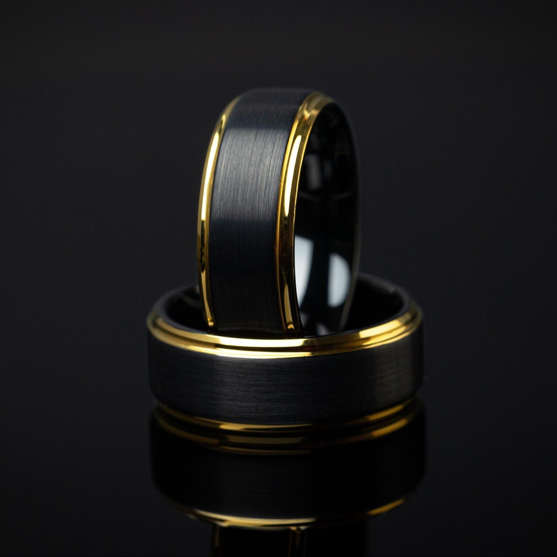 Eclipse - Black & Gold Tungsten Ring, 24k Gold Plated Ring, Mens Wedding Ring, 8mm Ring