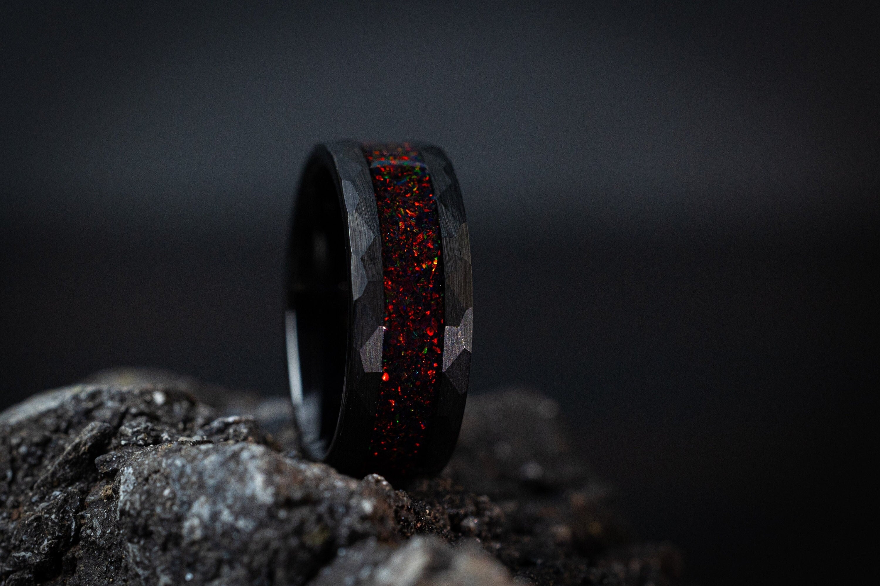 Phoenix Galaxy - Crushed Black Fire Opal, Hammered Opal Ring, 8mm