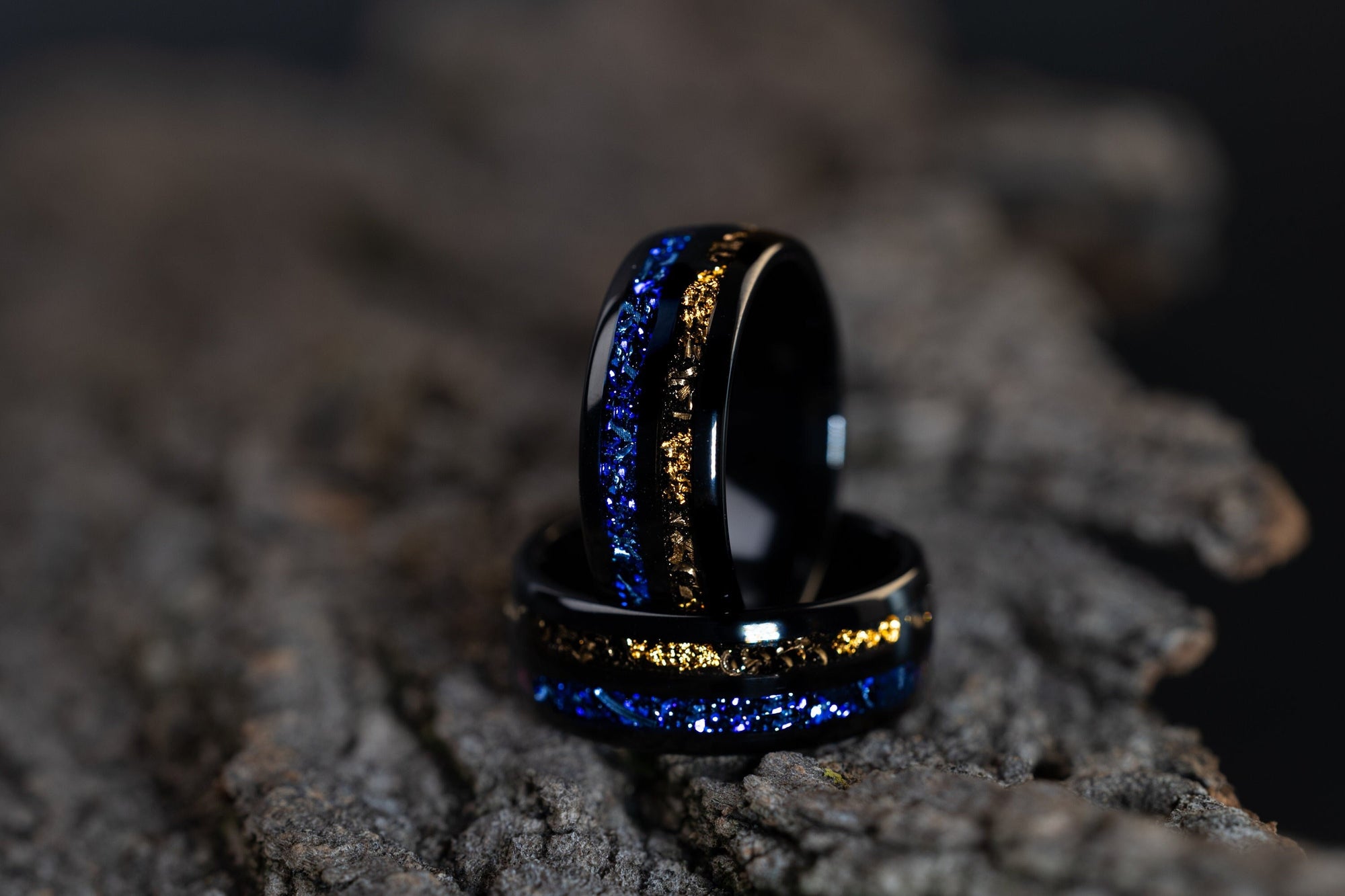 Nebula & Meteorite Crushed Gold Leaf Ring, Man Wedding Band, Tungsten Black Meteorite Band, Blue Galaxy Meteorite, 8mm Ring