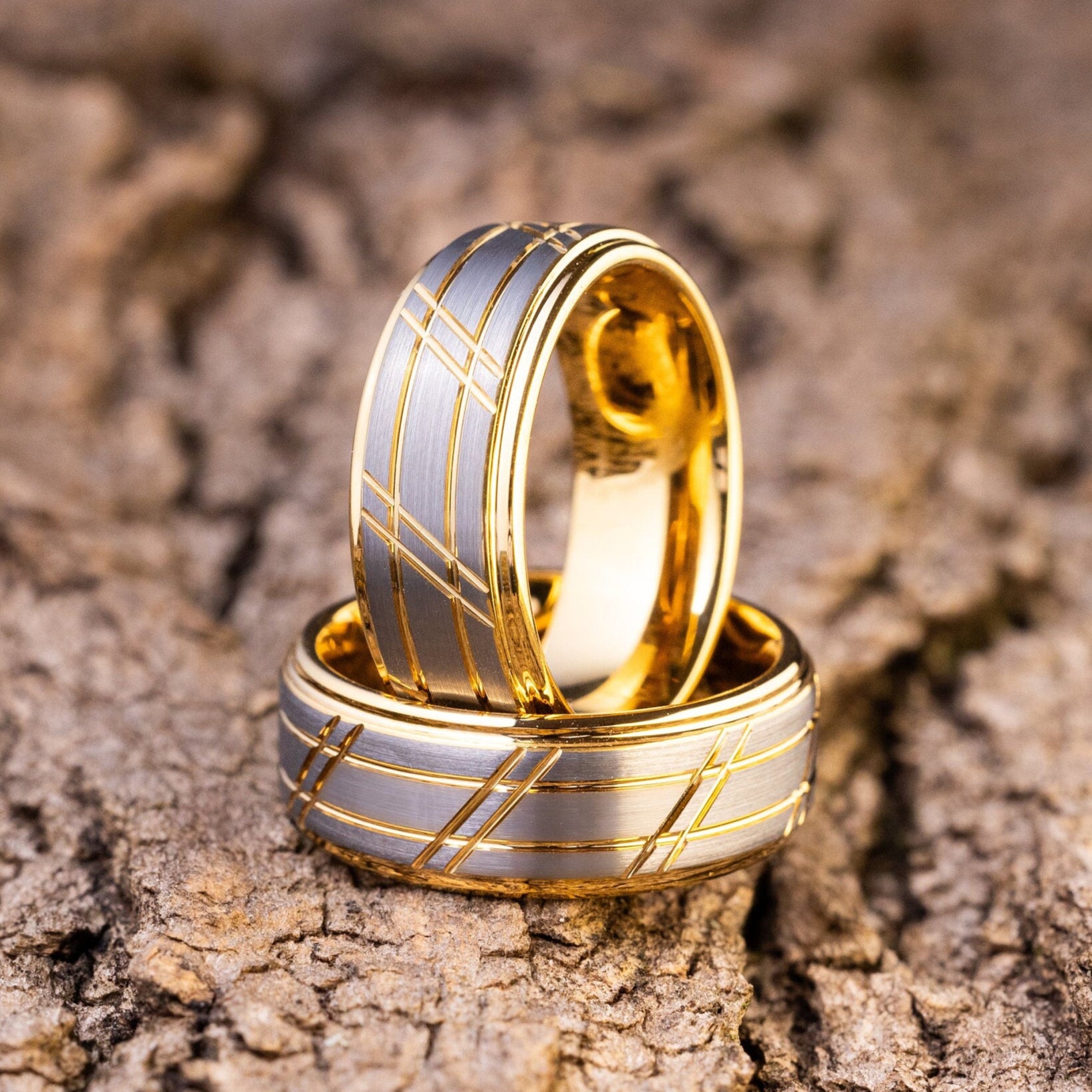 Sunrise - Gold & Silver Brushed Tungsten Carbide Ring, 8mm Ring