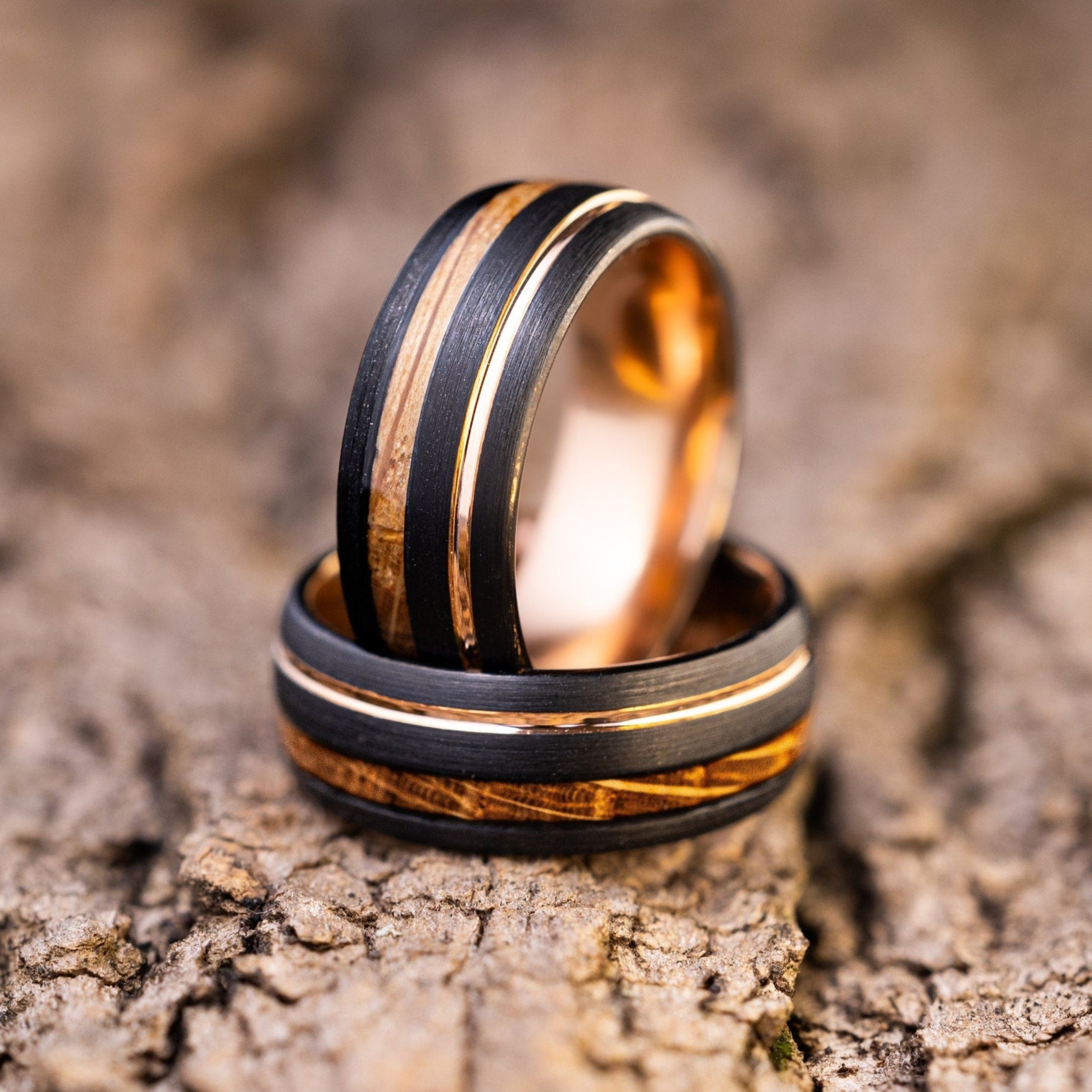 Double Whiskey Barrel Ring, Wood Inlay Ring, Wood Ring, Wooden Wedding Ring, Wood Wedding Band, Brown Ring, Tungsten Ring, 8mm Ring,