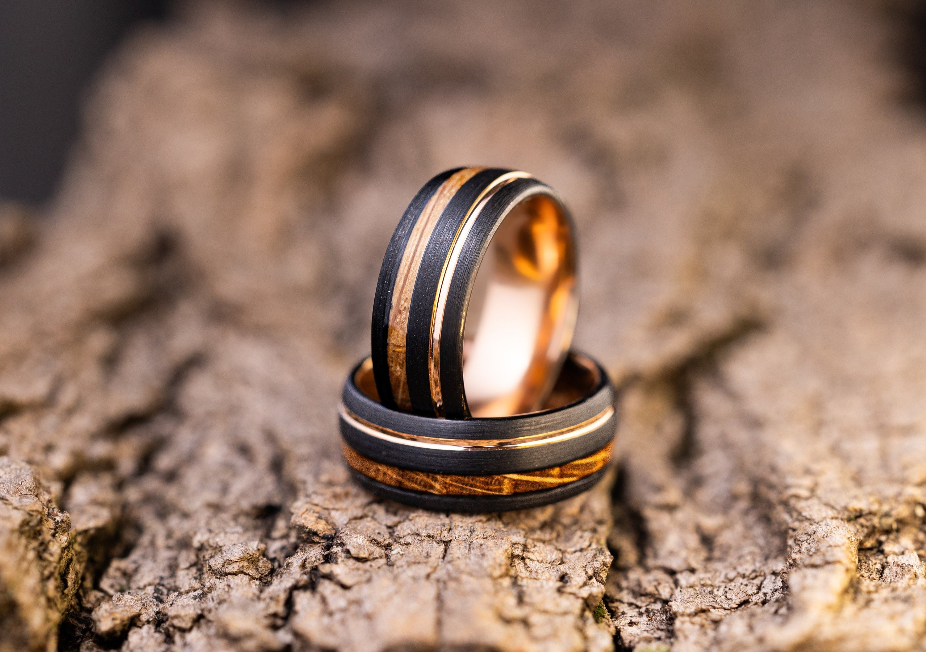 Double Whiskey Barrel Ring, Wood Inlay Ring, Wood Ring, Wooden Wedding Ring, Wood Wedding Band, Brown Ring, Tungsten Ring, 8mm Ring,