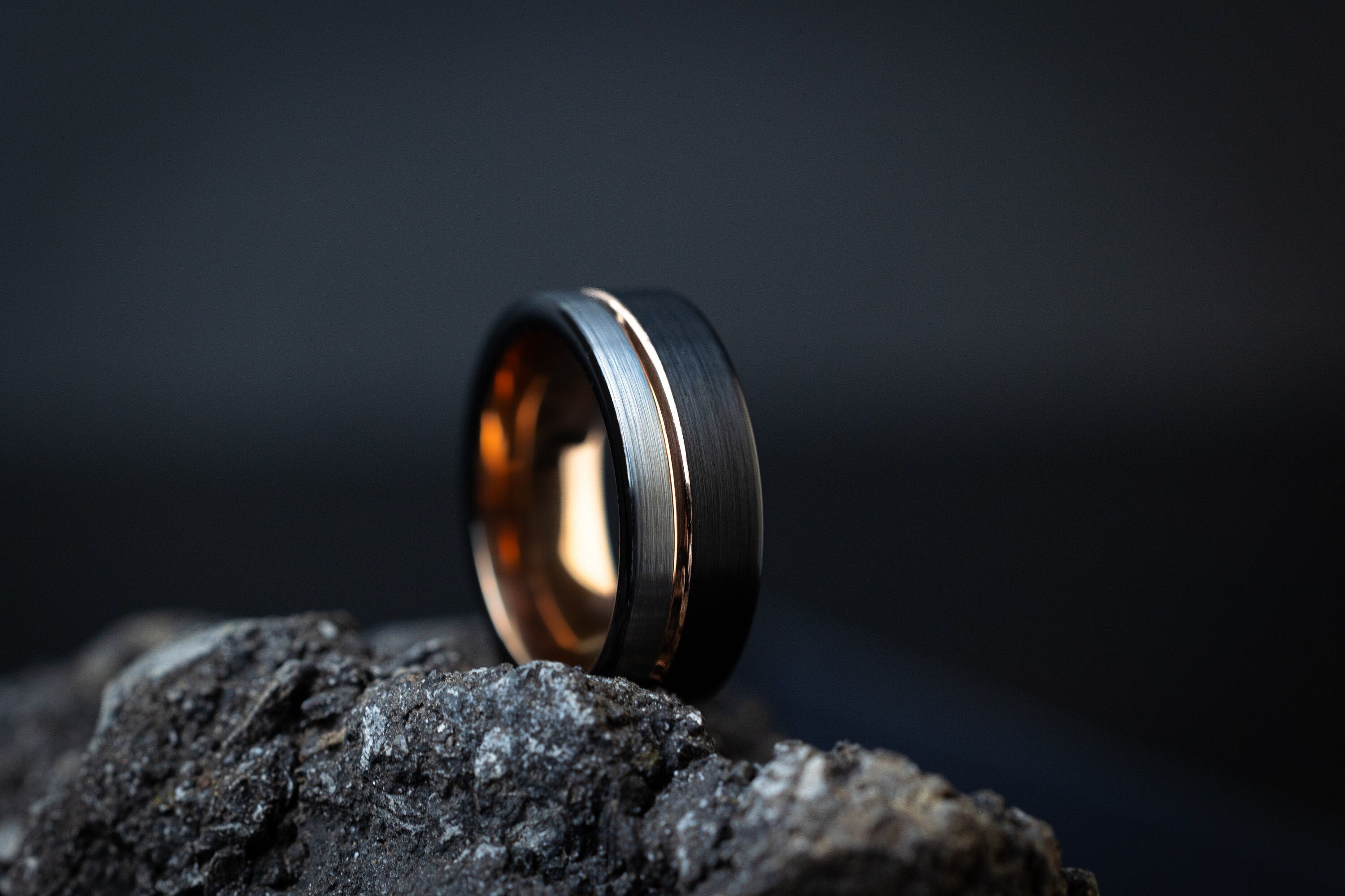 Moonlight - Tungsten Silver & Black Ring, Rose Gold Inlay Band, 8mm