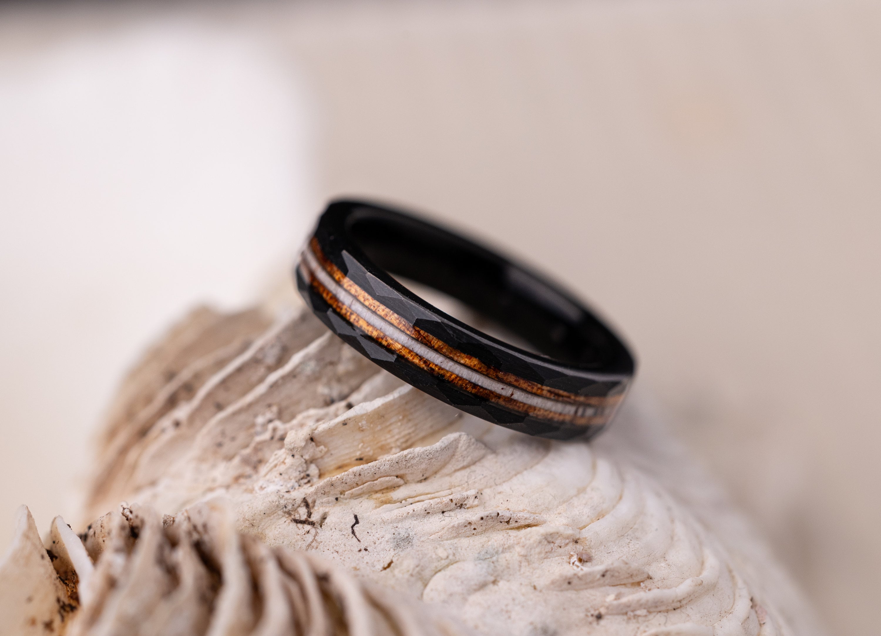 Whiskey Barrel Ring, Antler Hammered Ring, Charred Whiskey Barrel and Antler Ring, Black Wood Ring, Antler Band, Women's Wedding Band, 4mm