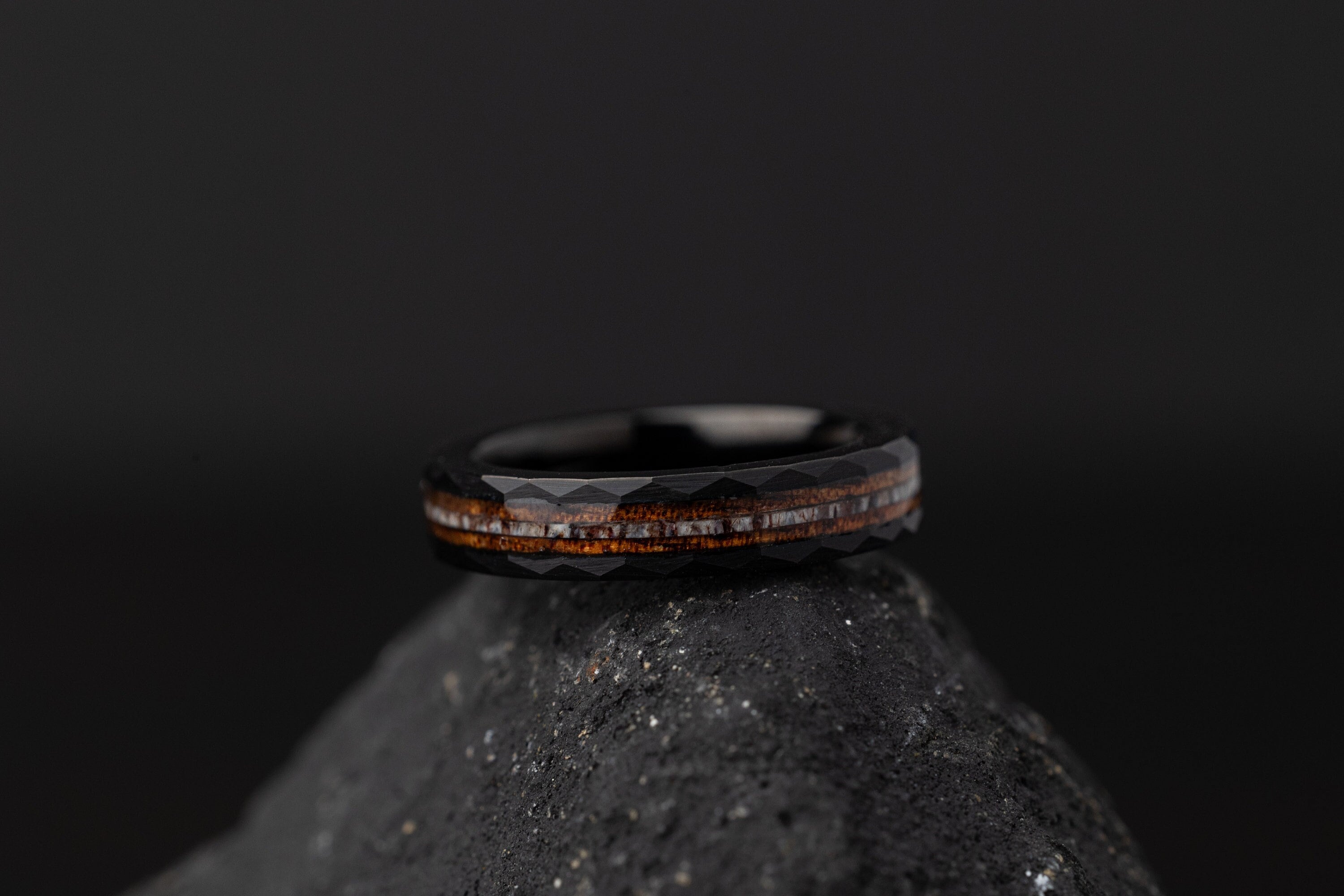 Whiskey Barrel Ring, Antler Hammered Ring, Charred Whiskey Barrel and Antler Ring, Black Wood Ring, Antler Band, Women's Wedding Band, 4mm