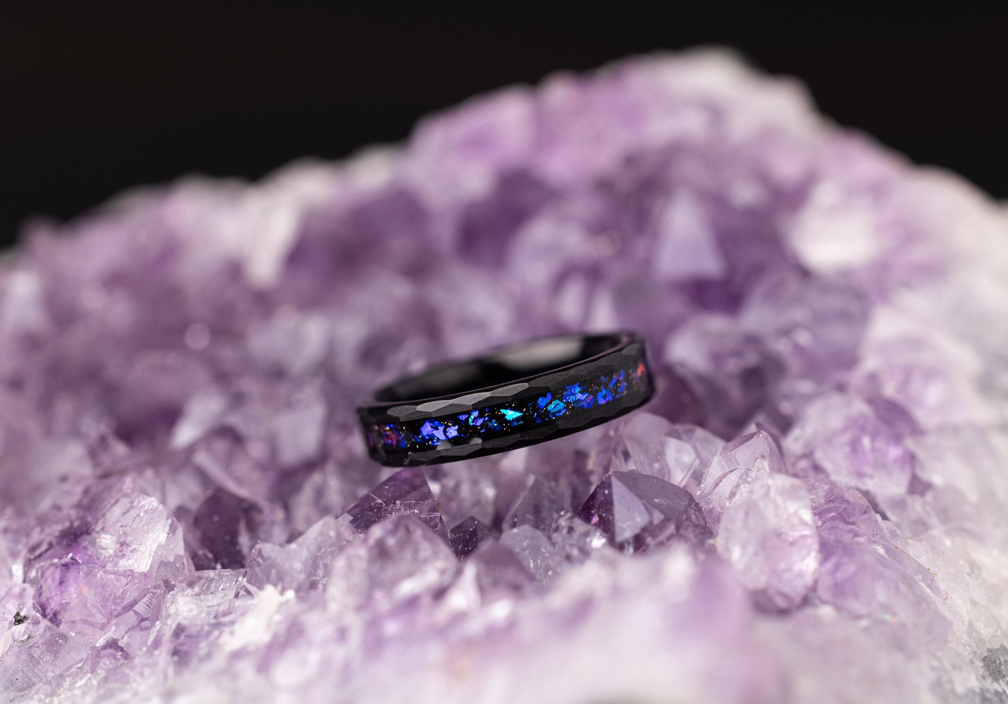 Space Galaxy Ring, Nebula Hammered Ring, Hammered Women's Ring, Black Opal and Blue Sandstone Ring, Nebula Space Ring for Women, 4mm