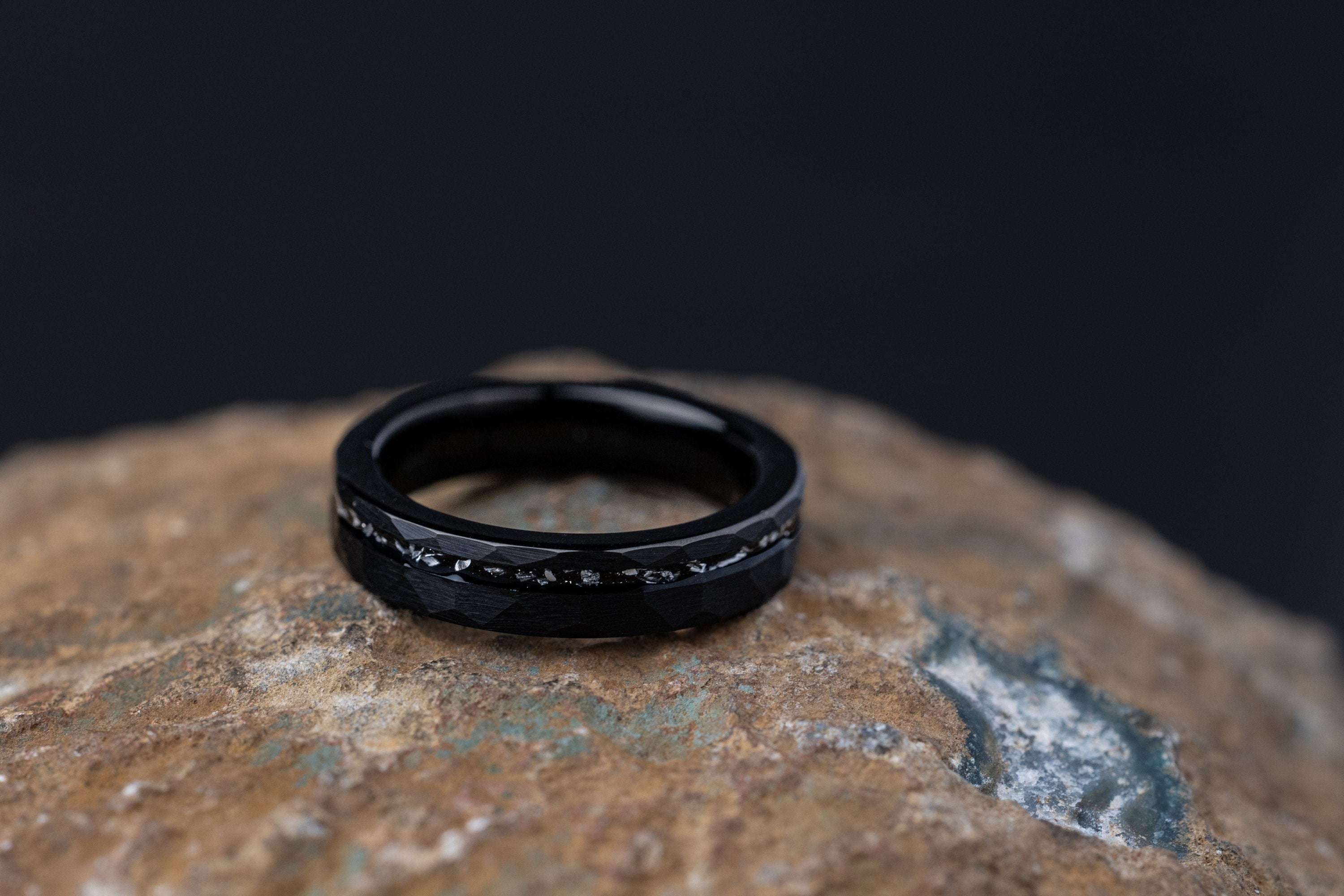 Meteorite Ring, Women's Meteorite Tungsten Ring, Hammered Meteor Tungsten Band, Hammered Black Ring, Faceted Ring, Wedding Band, 4mm