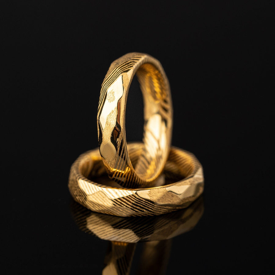Golden Damascus - Hammered Gold Damascus Steel Ring, 4mm Width