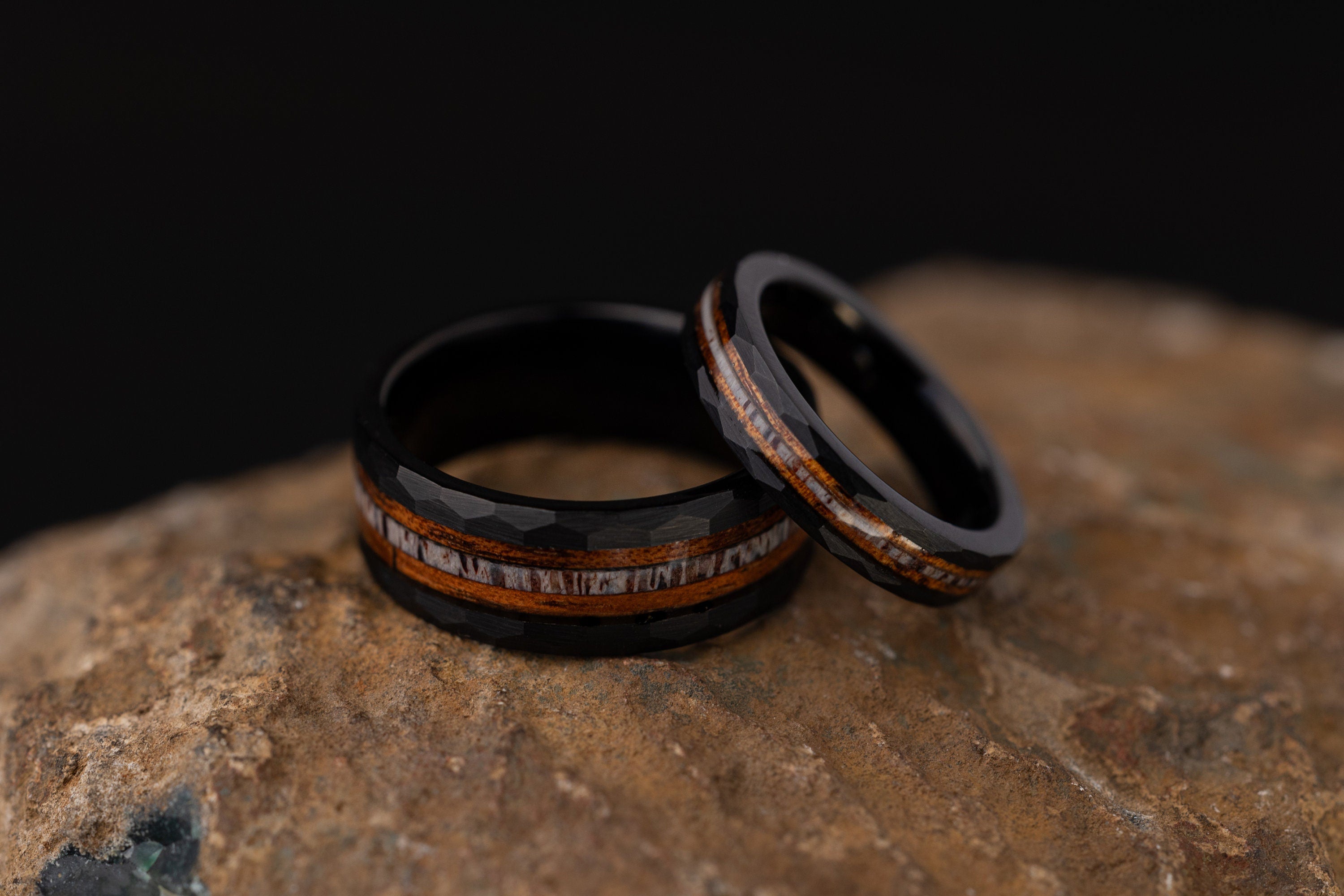 Whiskey Barrel Ring, Couples Wedding Set, Antler Hammered Ring, His Wedding Ring, Her Wedding Ring, Black Wood Ring, Couple Set, Antler Ring