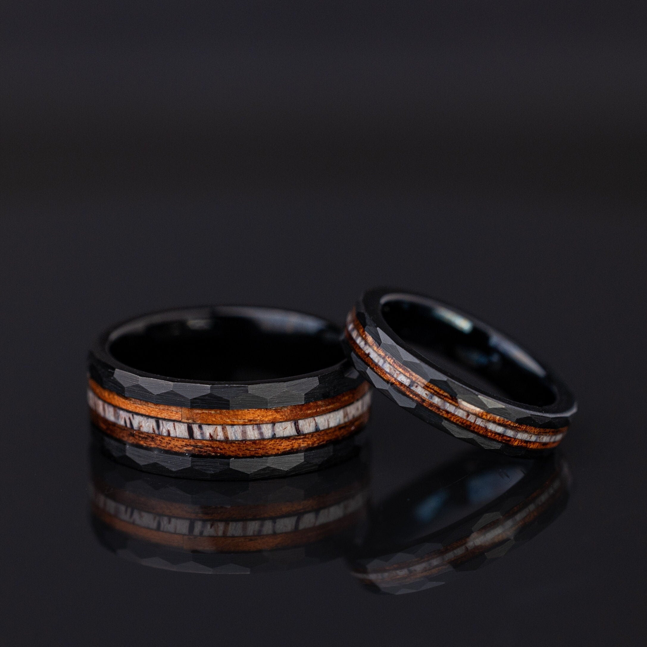 Whiskey Barrel Ring, Couples Wedding Set, Antler Hammered Ring, His Wedding Ring, Her Wedding Ring, Black Wood Ring, Couple Set, Antler Ring