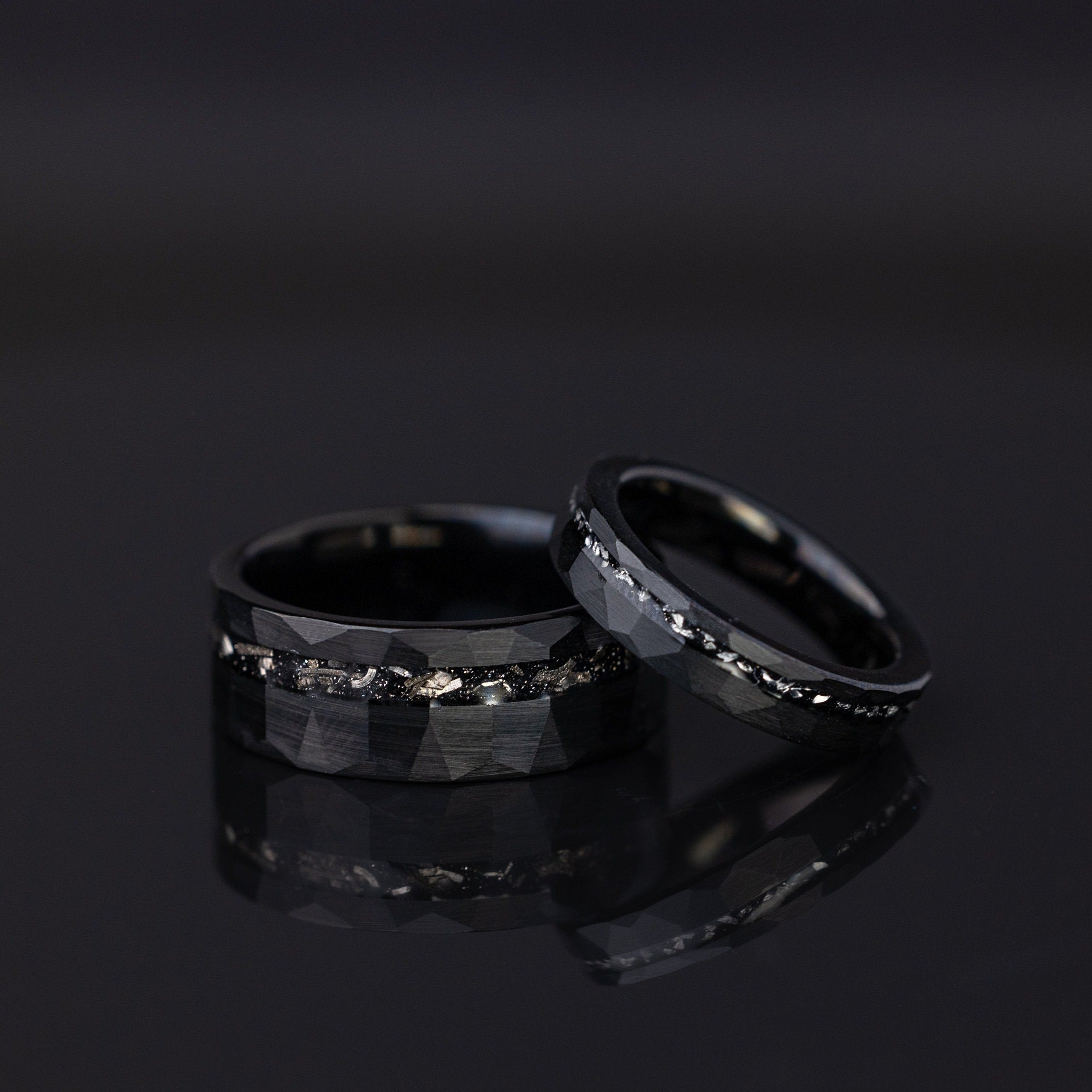 Custom Meteorite Ring, His and Her Rings, Engraved Meteorite Tungsten Ring, Couples Band, Hammered Black Ring, Faceted Ring, Wedding Band
