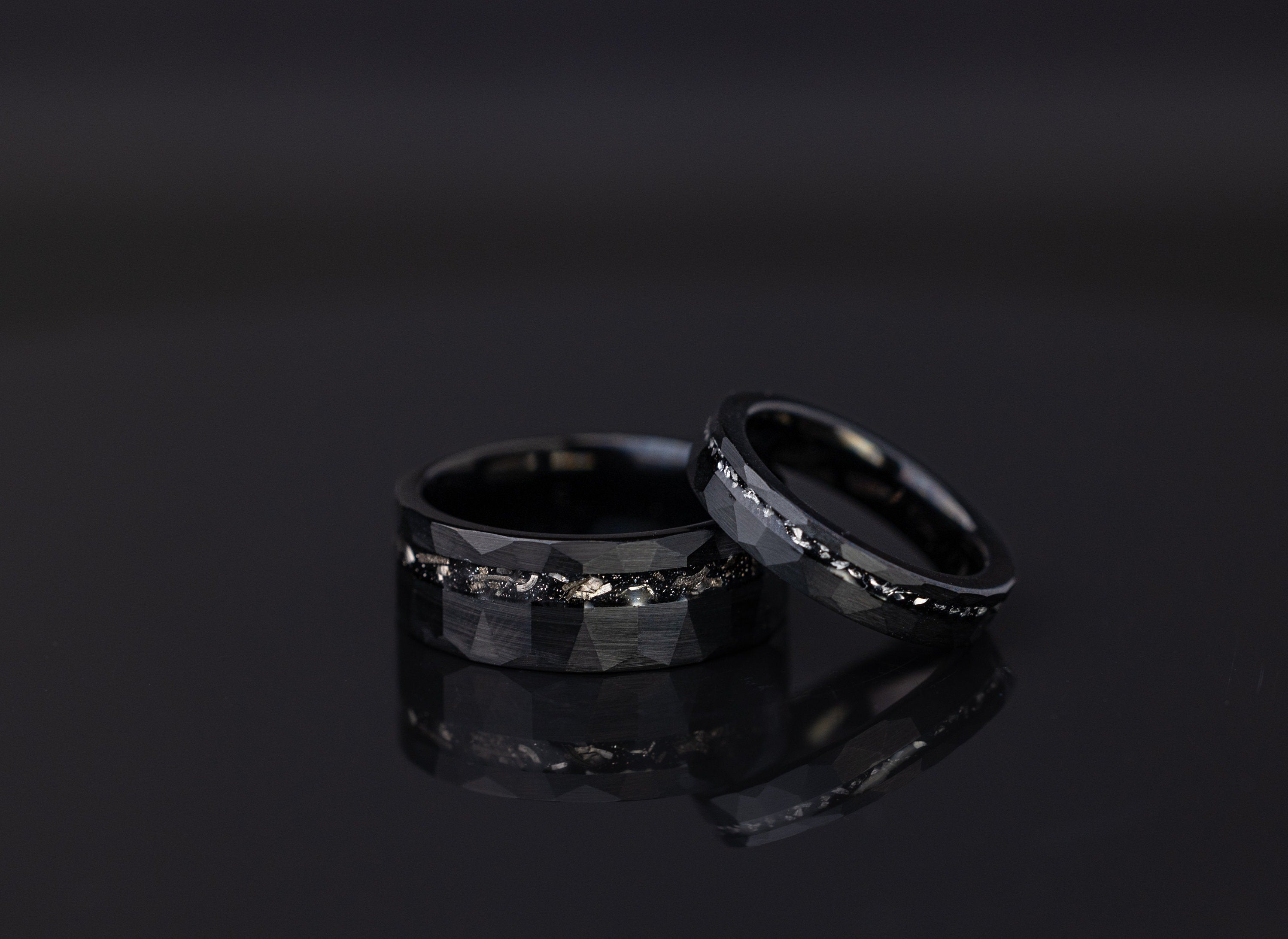 Custom Meteorite Ring, His and Her Rings, Engraved Meteorite Tungsten Ring, Couples Band, Hammered Black Ring, Faceted Ring, Wedding Band