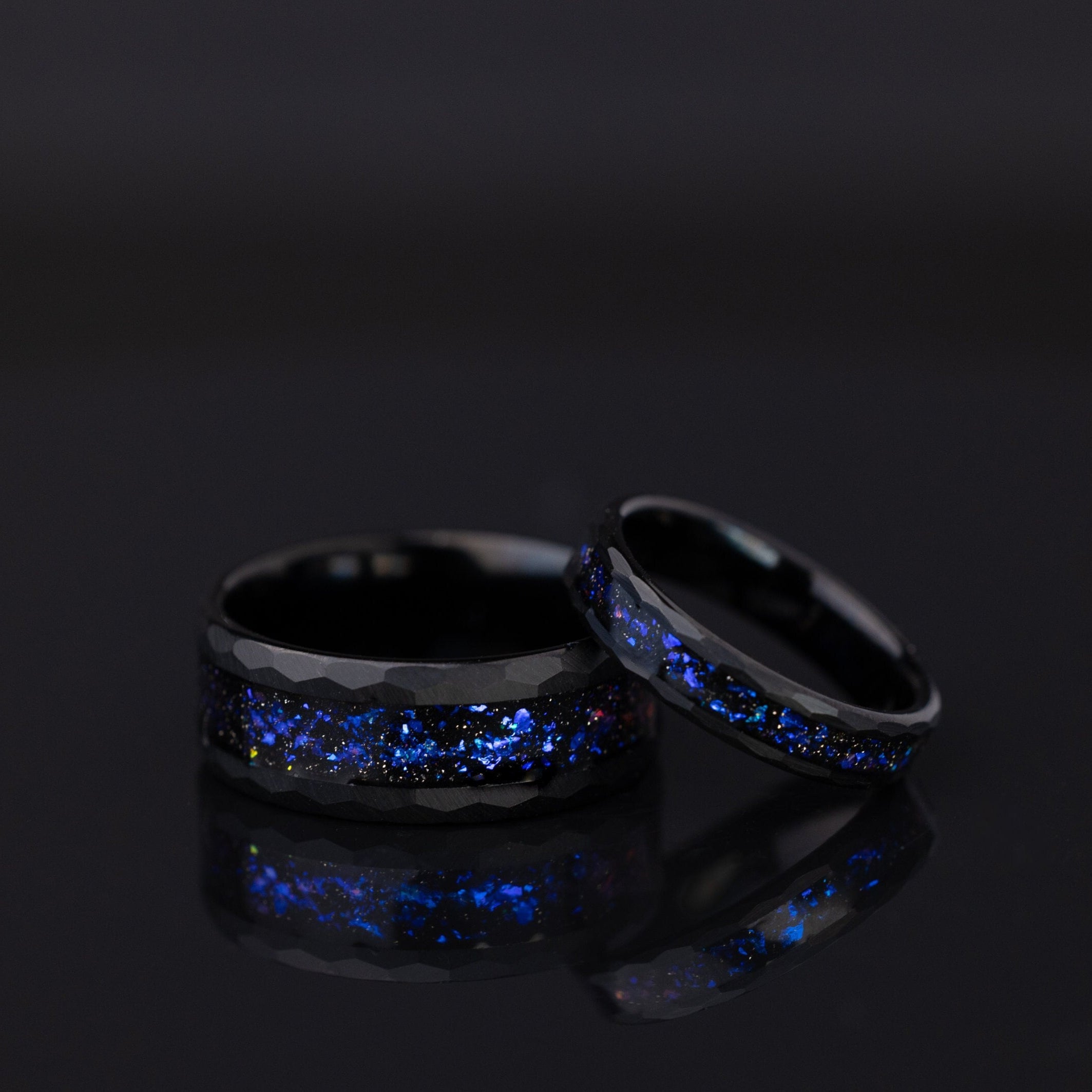 Space Galaxy Ring, Couples Set Space Galaxy Ring, His and Hers Wedding Rings, Hammered Wedding Ring Set, Black Opal and Blue Sandstone Ring