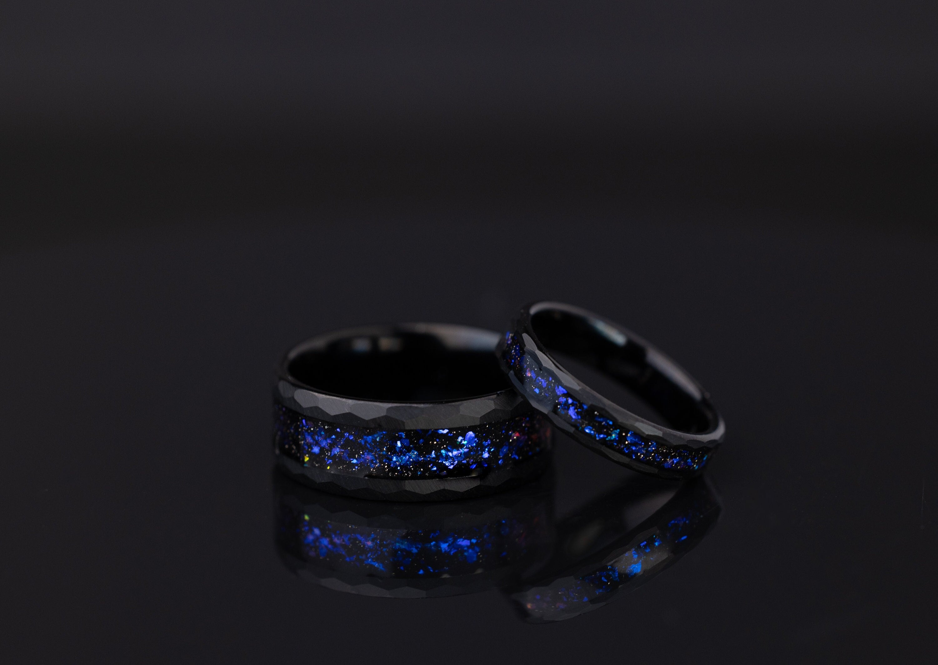 Space Galaxy Ring, Couples Set Space Galaxy Ring, His and Hers Wedding Rings, Hammered Wedding Ring Set, Black Opal and Blue Sandstone Ring
