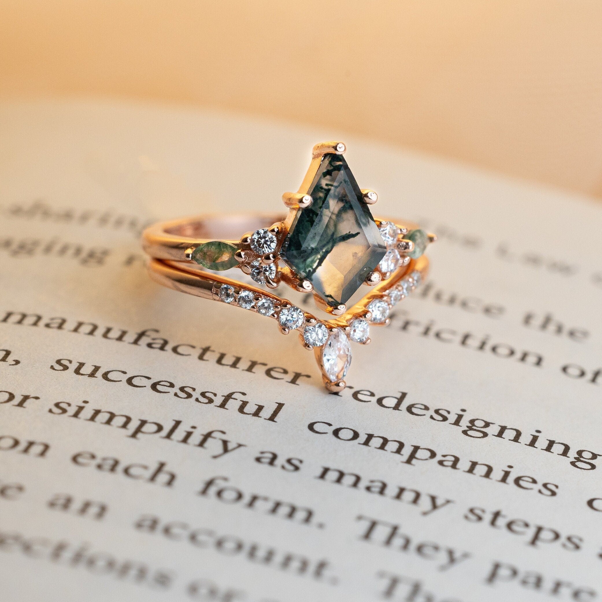 Moss Agate Ring, Natural Agate Engagement Ring in 14K Rose Gold Vermeil Kite-Cut Green Moss Agate Skye Ring, Green Gemstone Promise Ring