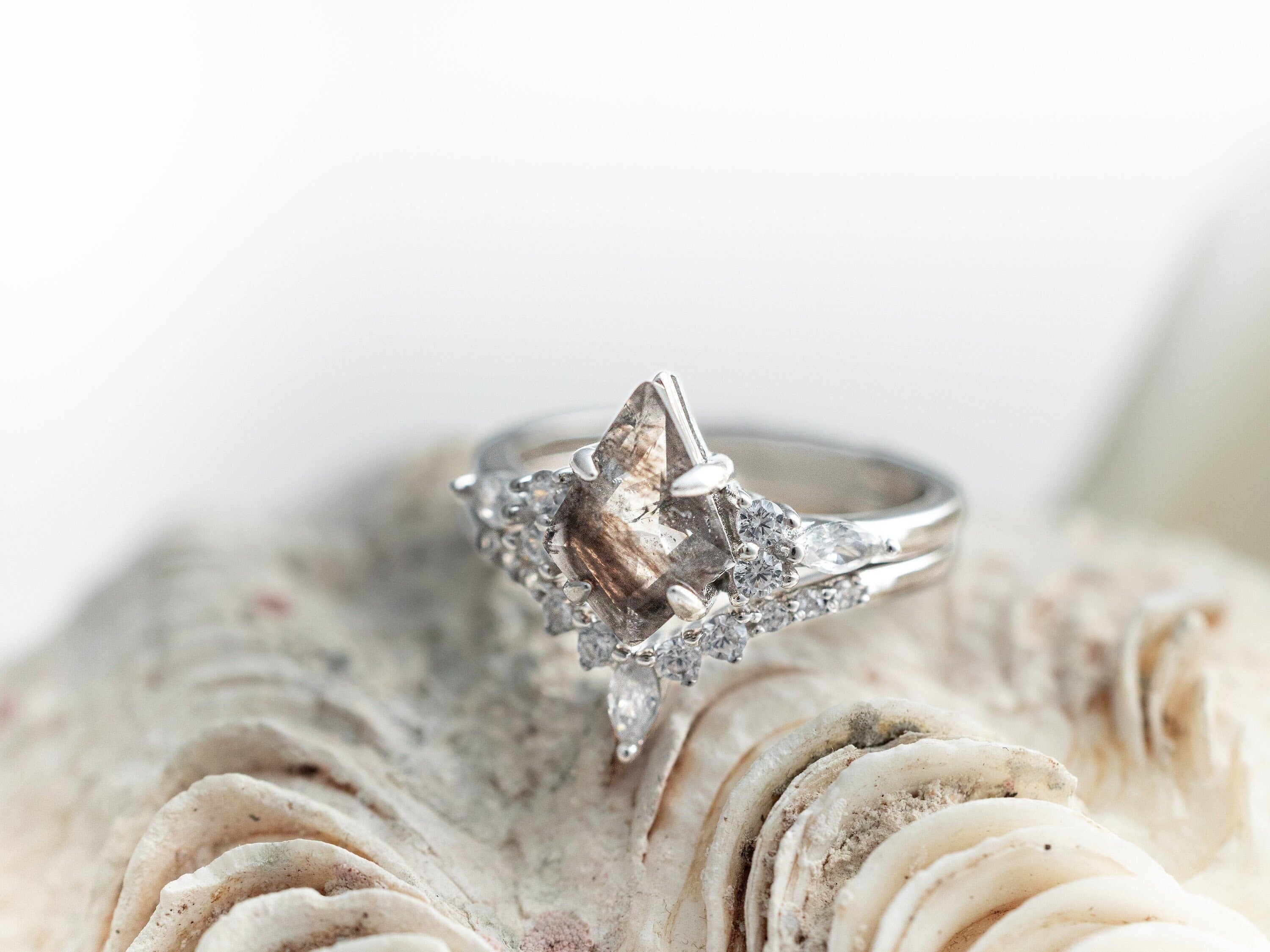 Salt and Pepper Ring, Kite Cut Diamonds Rings, Quartz Ring, Raw Salt and Pepper Diamond Ring, Skye Kite Ring, Silver Engagement Ring
